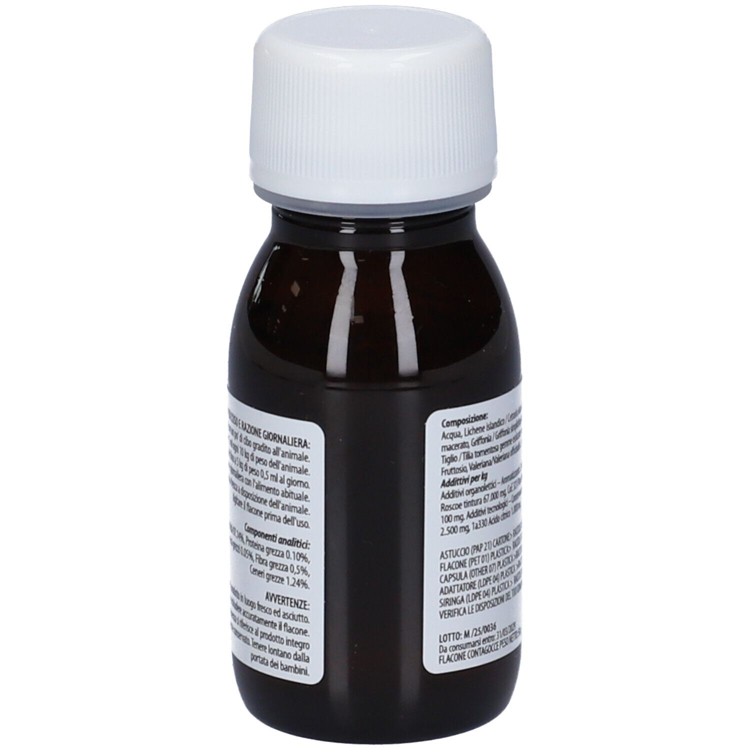 Flacone marrone con tappo bianco. Etichetta con testo. Nome del prodotto non visibile.