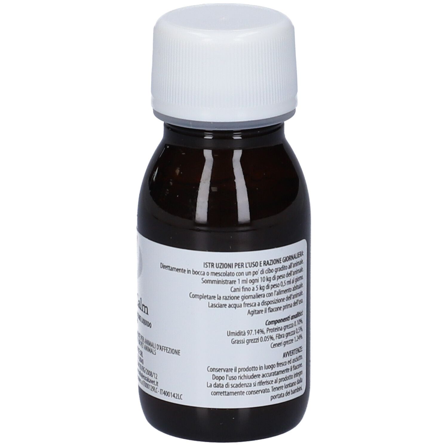 Flacone marrone con tappo bianco. Etichetta con testo. Nome del prodotto non visibile.