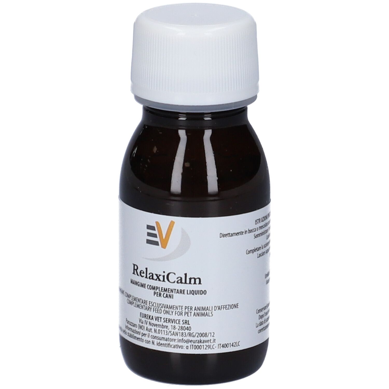 Flacone marrone con tappo bianco. Etichetta con testo. Nome del prodotto: RelaxiCalm.