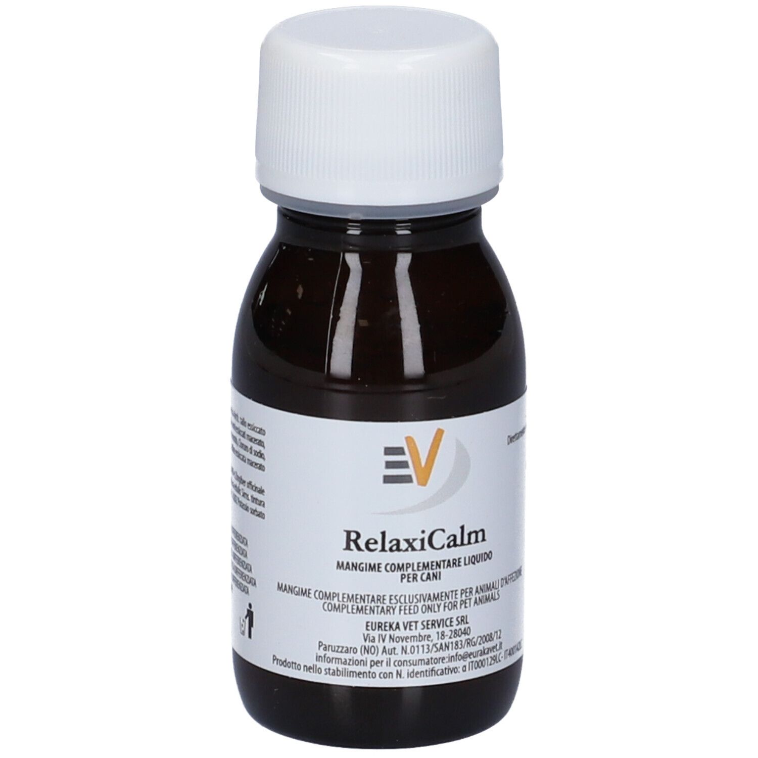 Flacone marrone con tappo bianco. Etichetta con testo. Nome del prodotto: RelaxiCalm.