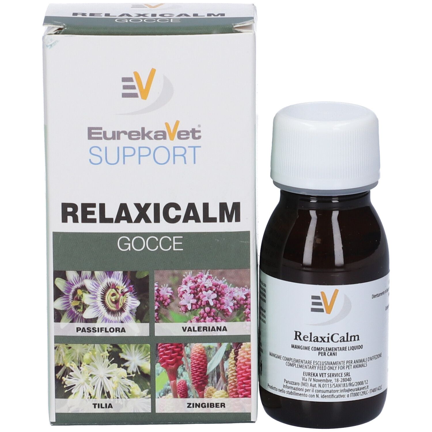 Confezione e flacone del prodotto. Scritta: RelaxiCalm. Alimento complementare per cani. Con illustrazioni di erbe.
