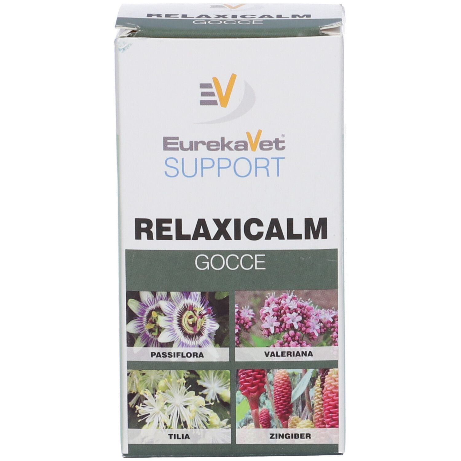 Confezione in cartone con nome prodotto RelaxiCalm. Immagini di fiori. Marchio EurekaVet.