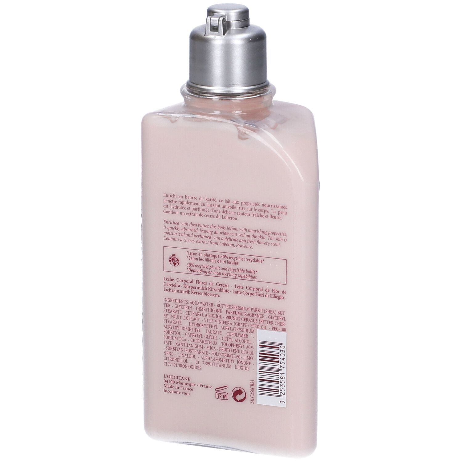 Retro del flacone rosa con tappo argentato. Testo e ingredienti. L'Occitane.