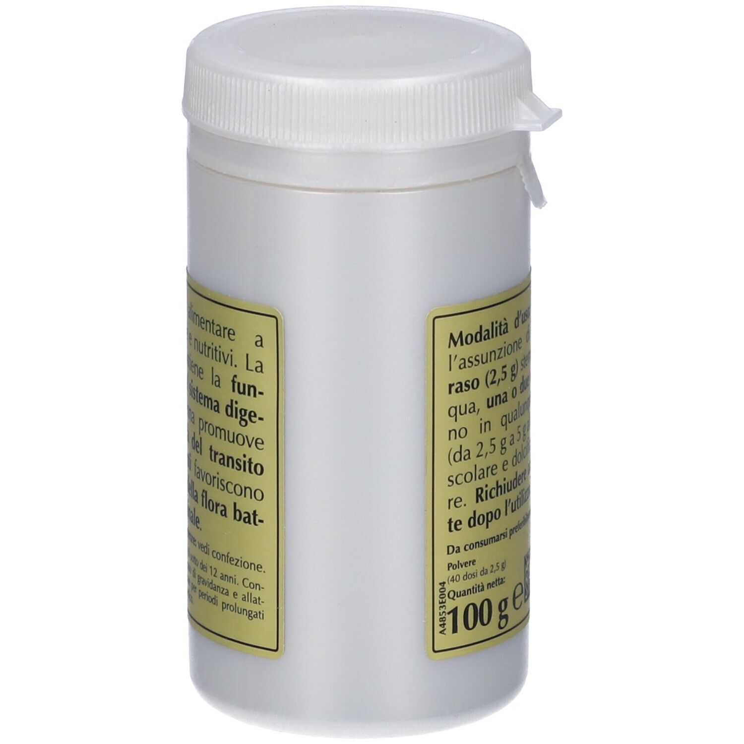 Contenitore bianco con tappo a vite. Etichetta con testo su nutrienti e ingredienti. Scritta 100 g.