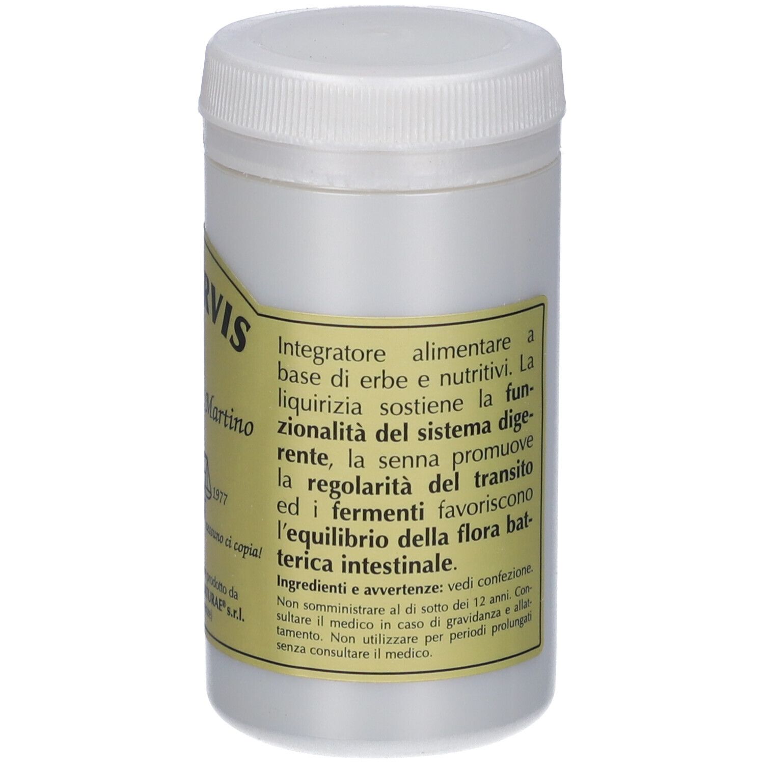 Contenitore bianco con tappo a vite. Etichetta con testo su ingredienti e avvertenze. Logo con bilancia e serpente.