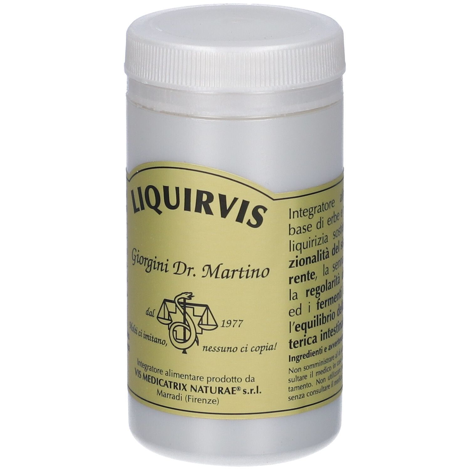 Contenitore bianco con tappo a vite. Etichetta con nome prodotto LIQUIRVIS e testo. Logo con bilancia e serpente.