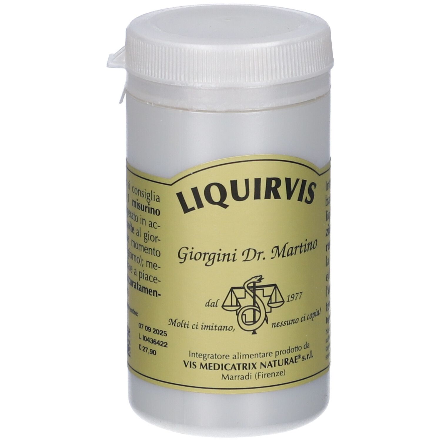 Contenitore bianco con tappo a vite. Etichetta con nome prodotto LIQUIRVIS e testo. Logo con bilancia e serpente.