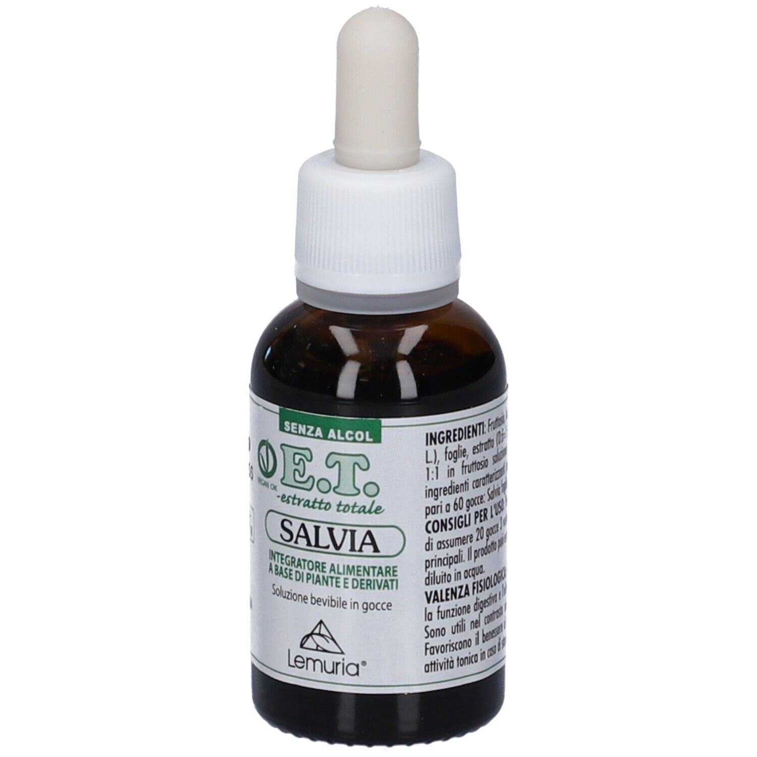 Fronte del flacone Lemuria Salvia E.T. Estratto, etichetta "Senza Alcol".