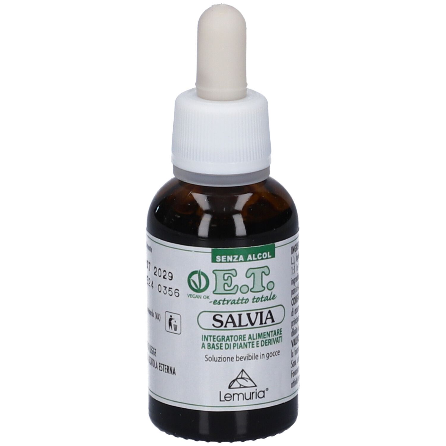 Fronte del flacone Lemuria Salvia E.T. Estratto con etichetta "Senza Alcol" e "Salvia".