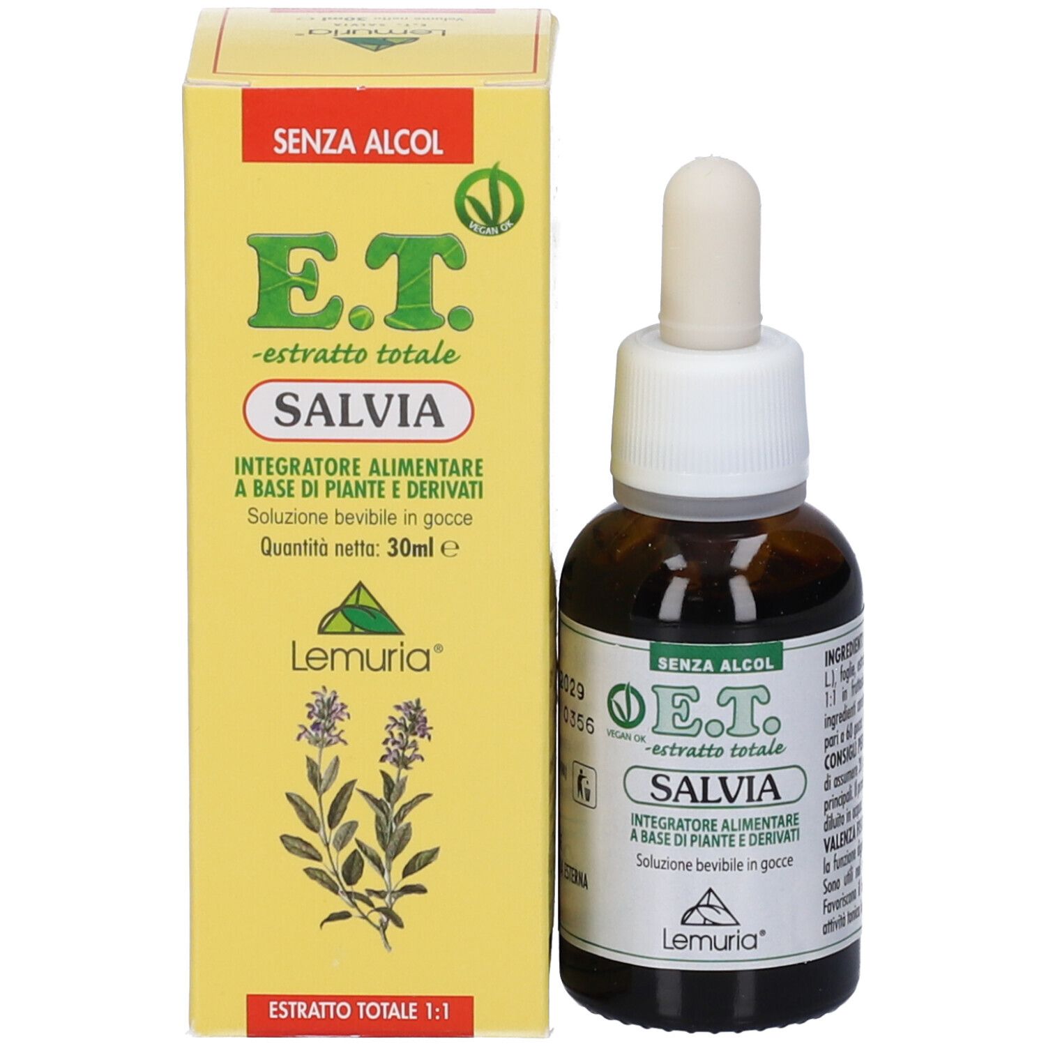 Flacone e confezione Lemuria Salvia E.T. Estratto, etichetta "Senza Alcol".