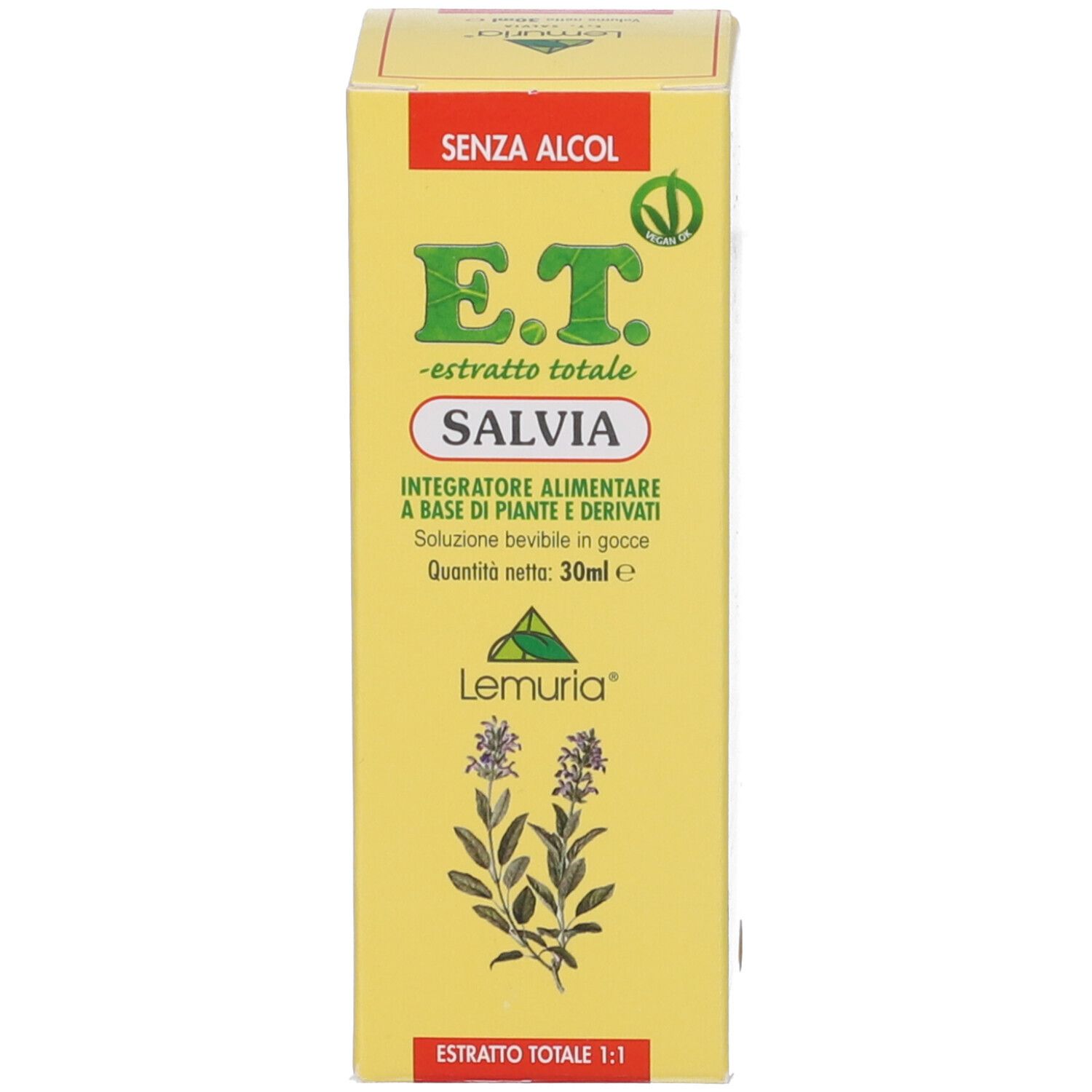 Flacone e confezione gialla Lemuria Salvia E.T. Estratto, etichetta "Senza Alcol".