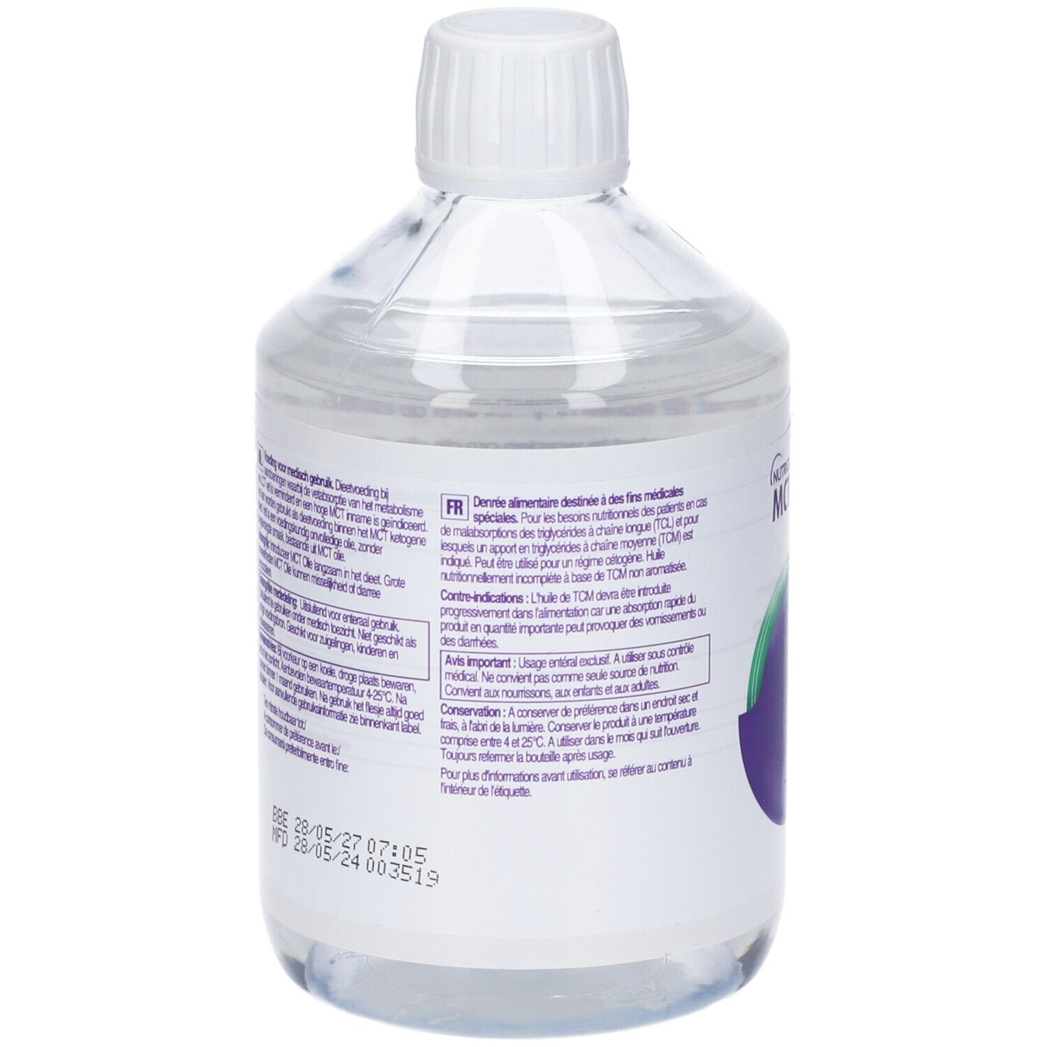 Retro di bottiglia trasparente con tappo bianco. Etichetta con testo e date.