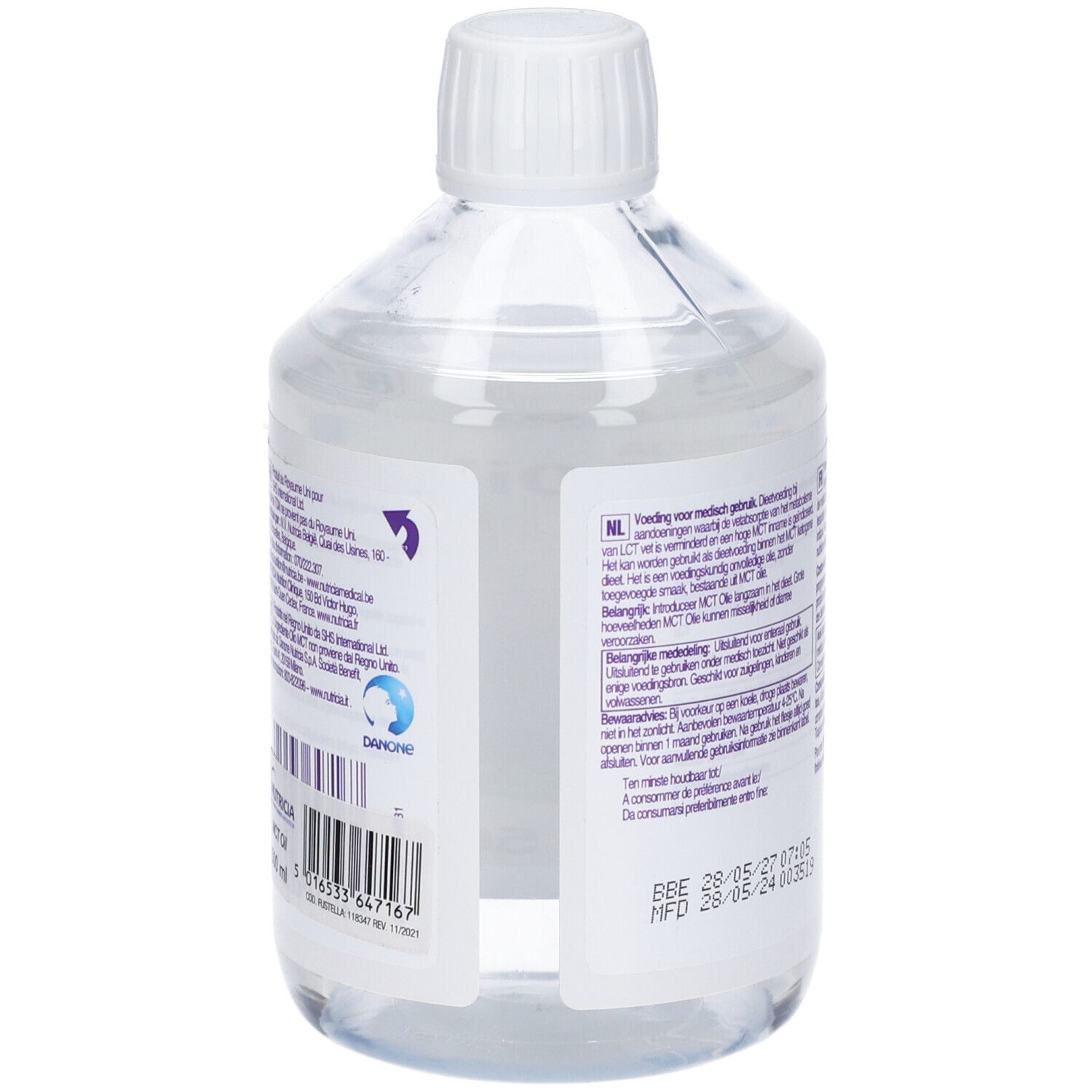 Retro di bottiglia trasparente con tappo bianco. Etichetta con testo, codice a barre e logo.