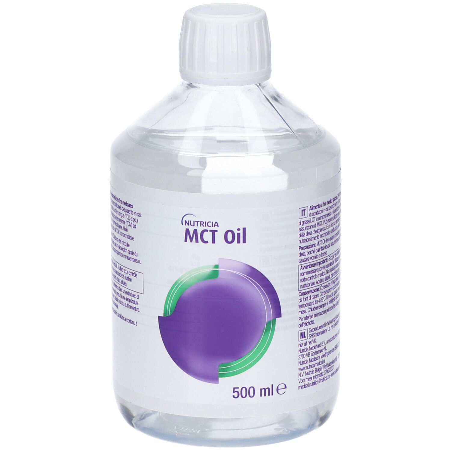 Bottiglia trasparente con tappo bianco. Etichetta con logo e scritta: MCT oil, 500 ml.