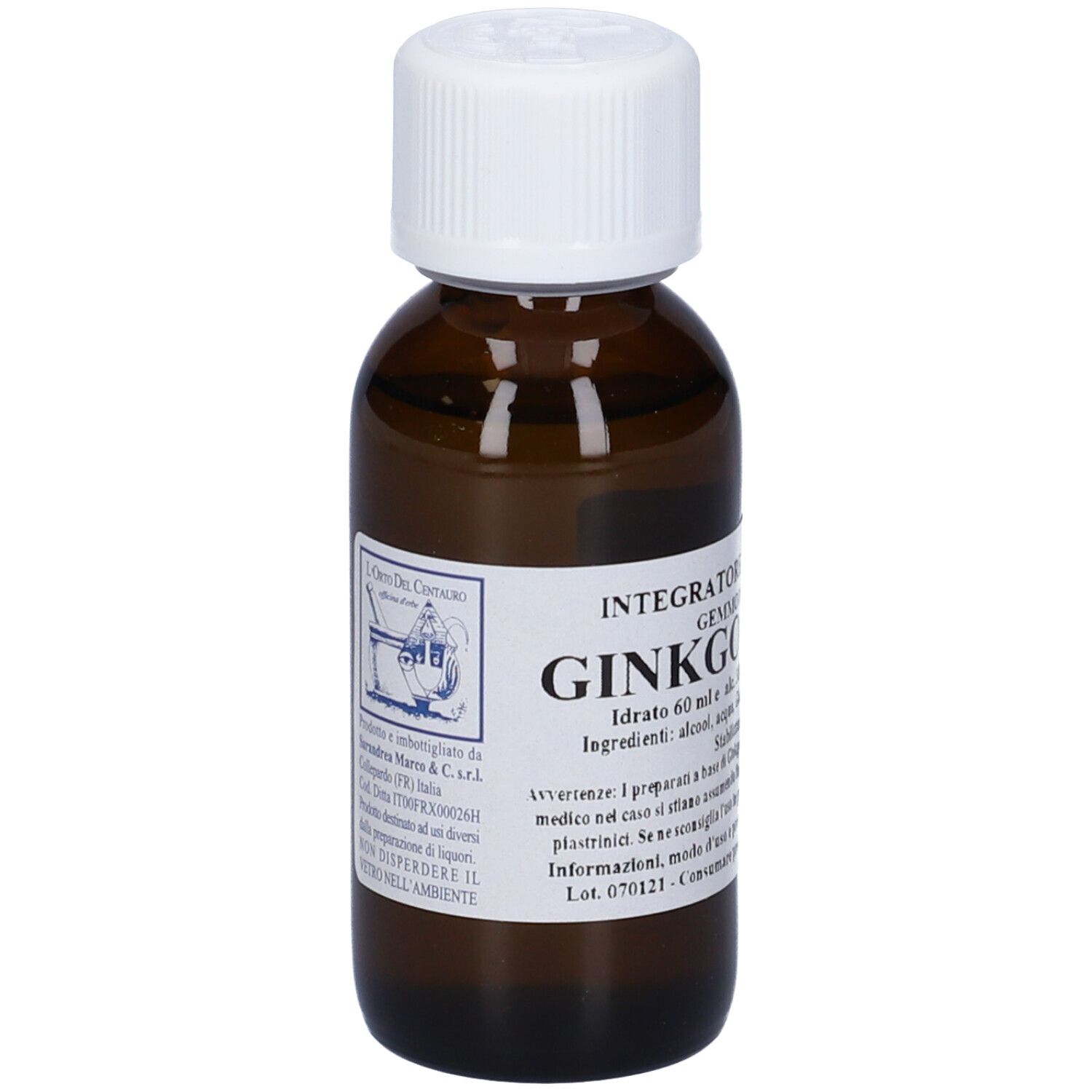 Flacone di vetro marrone con tappo bianco ed etichetta. L'etichetta riporta 'Ginkgo'.