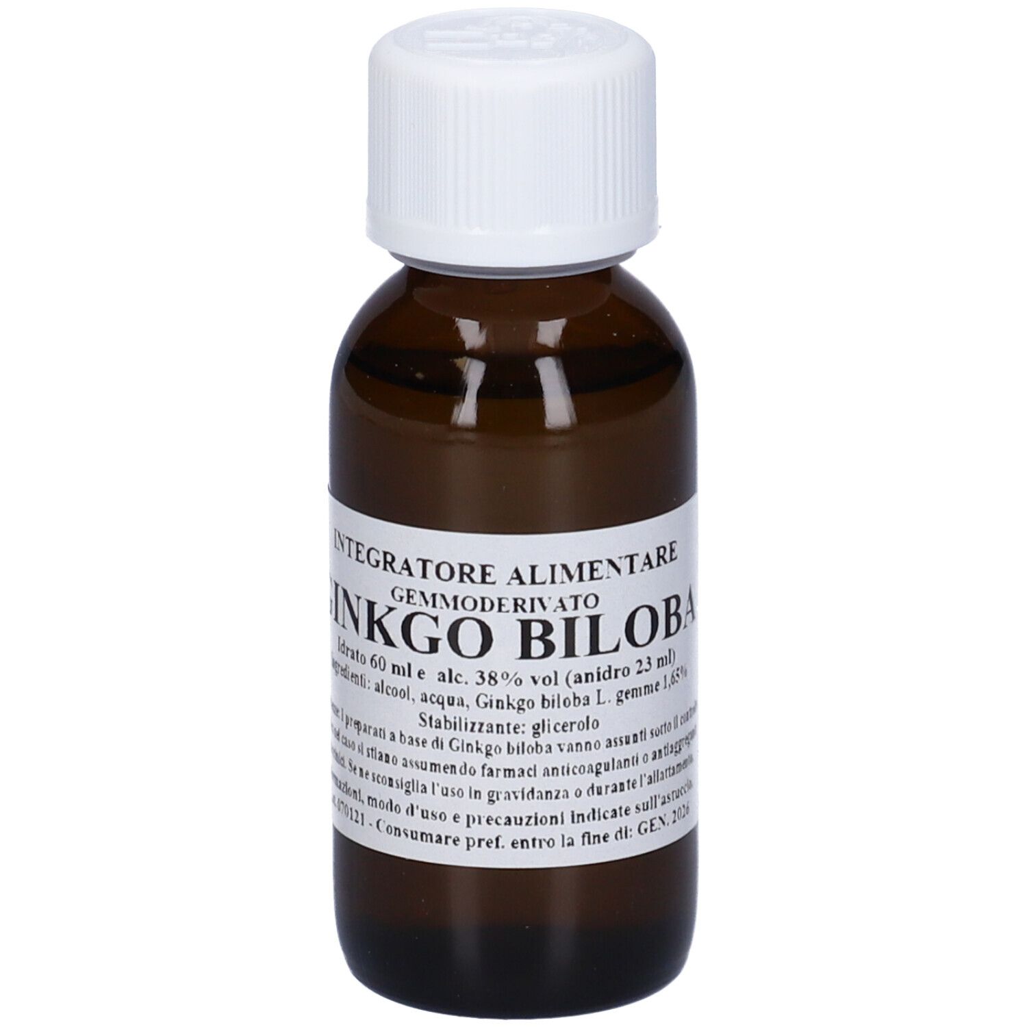 Flacone di vetro marrone con tappo bianco ed etichetta. L'etichetta riporta 'Ginkgo Biloba'.