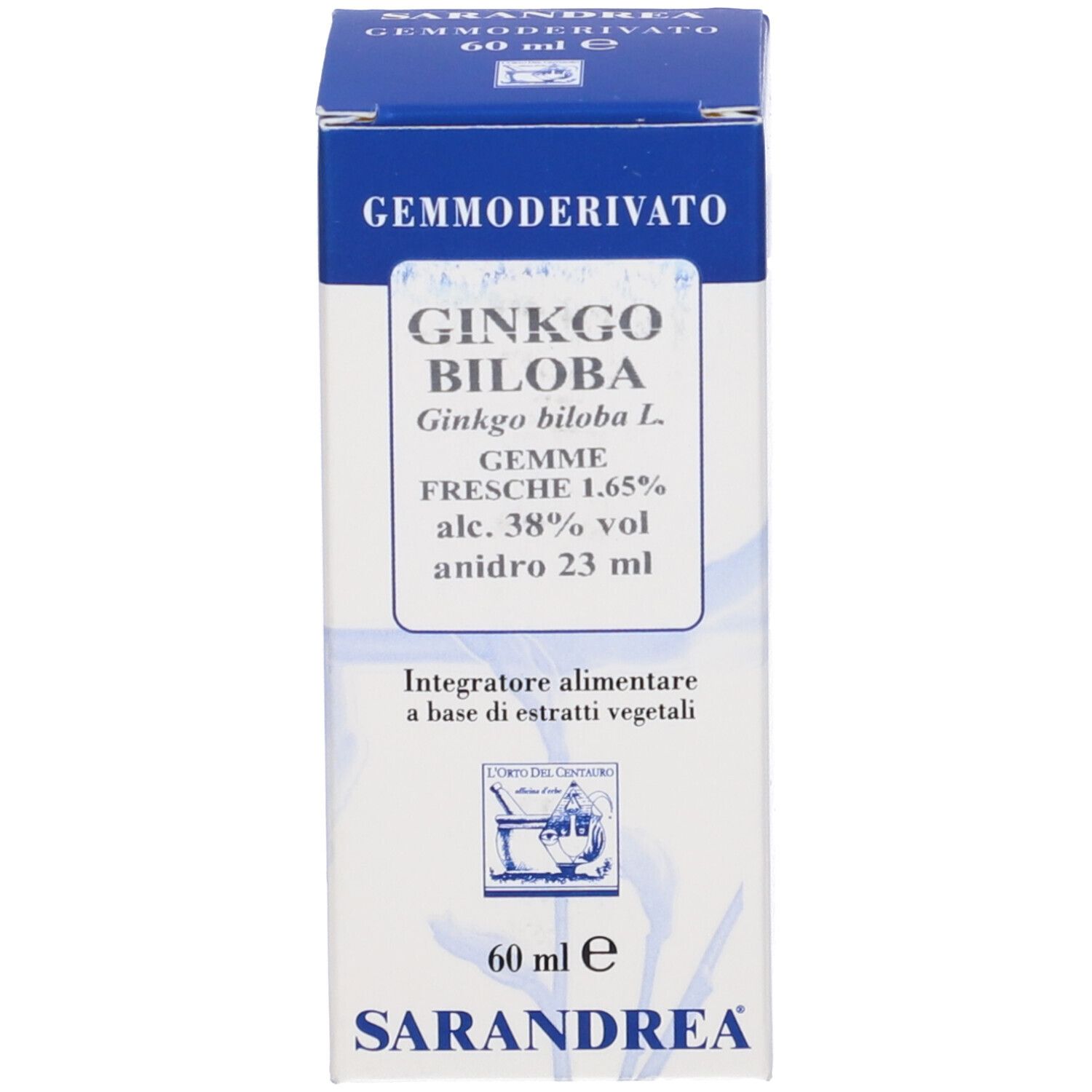 Scatola blu con informazioni sul prodotto e logo. La scatola riporta 'Ginkgo Biloba'.