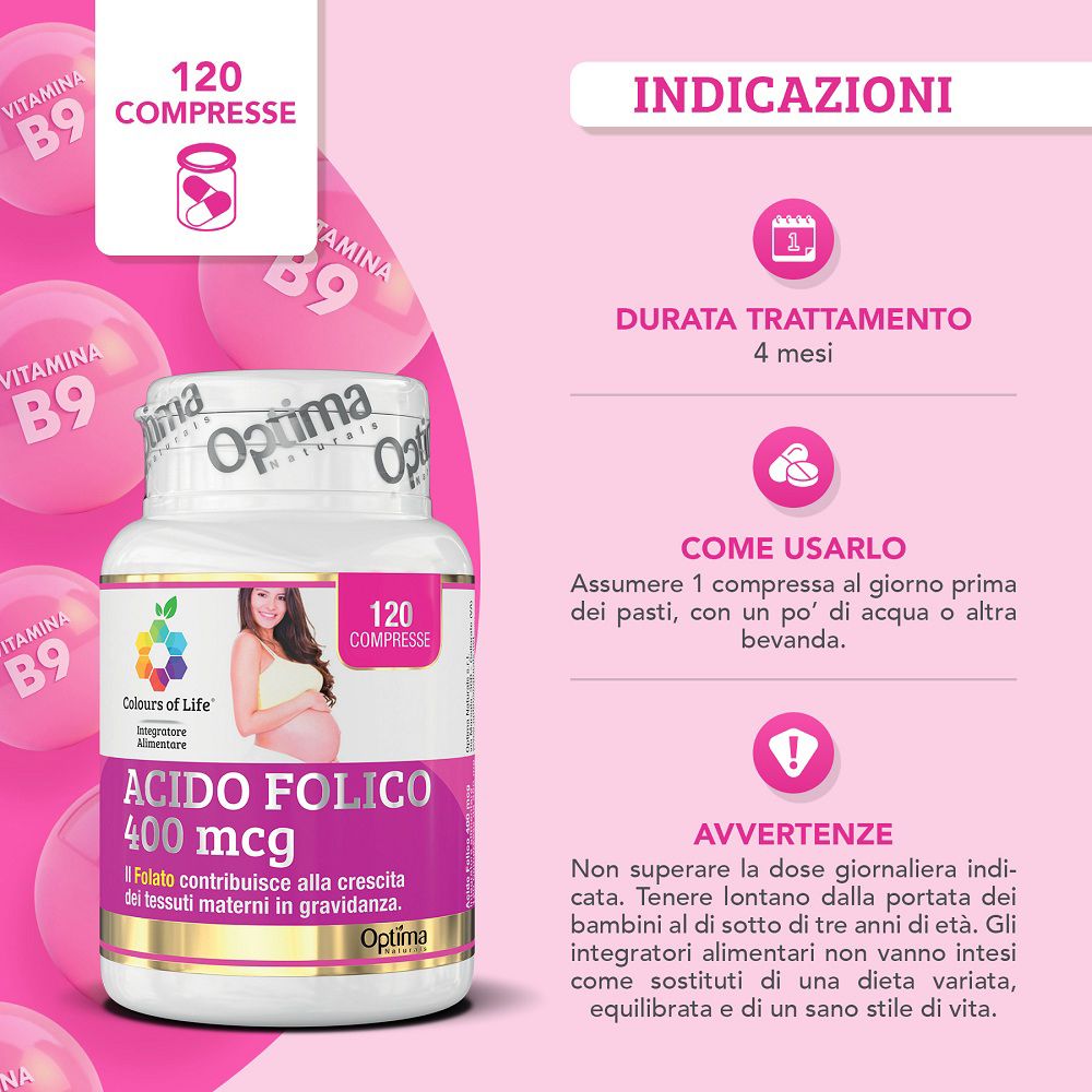Flacone da 120 compresse di Acido Folico 400 mcg. Infografica con indicazioni d'uso e avvertenze.