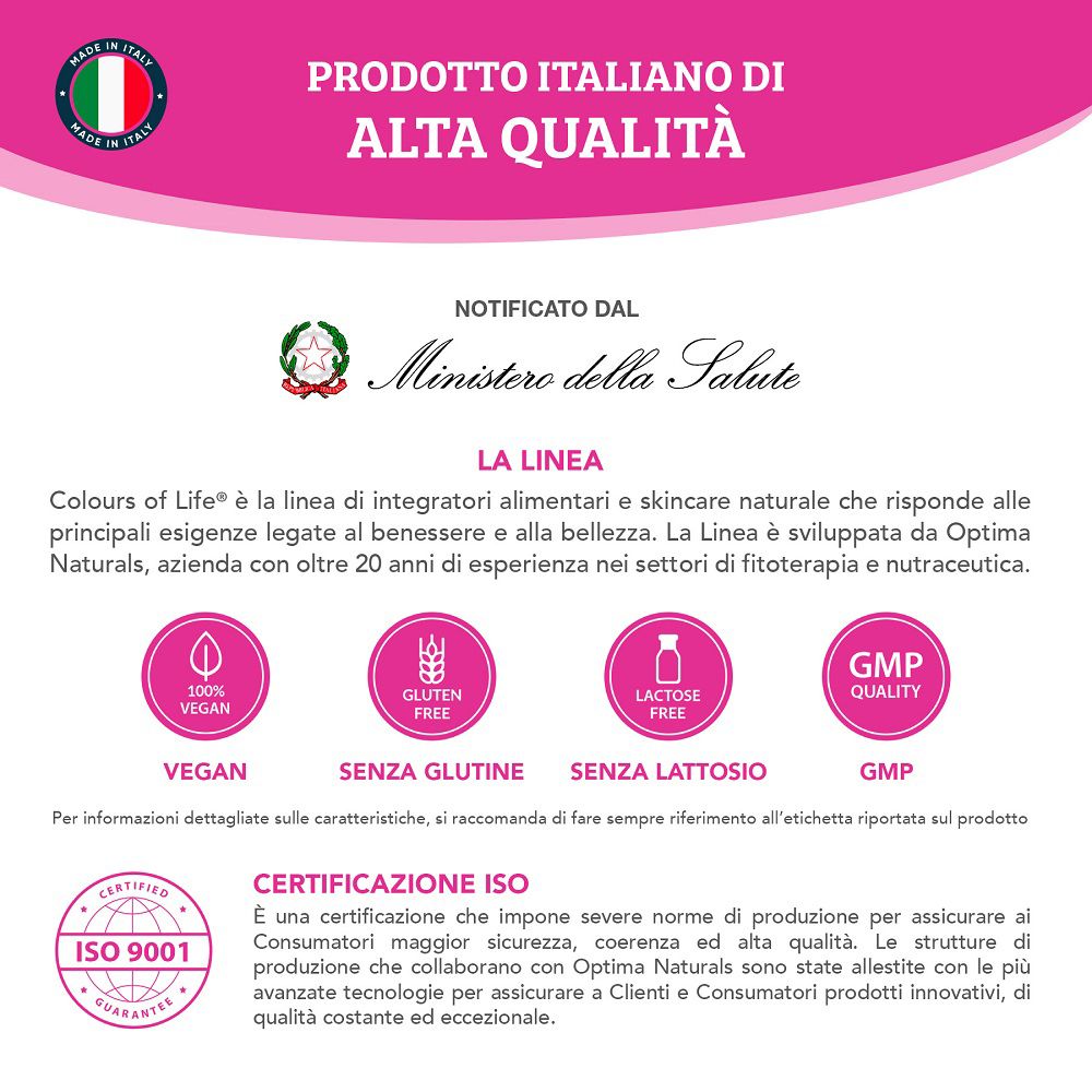 Informazioni sul prodotto: 'Made in Italy', 'Ministero della Salute', 'Vegan', 'Senza Glutine', 'Senza Lattosio', 'Qualità GMP'.