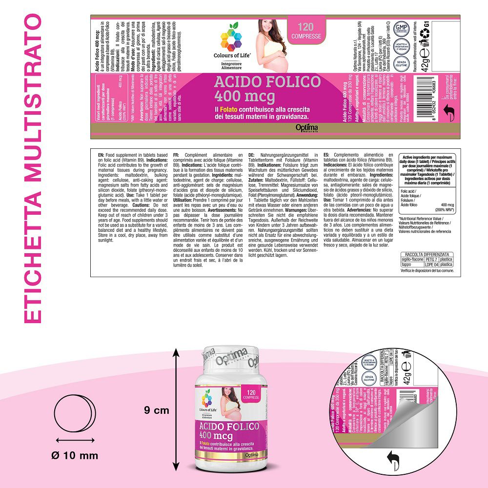 Panoramica della confezione: flacone, etichetta e dimensioni (altezza 9 cm, diametro 10 mm).