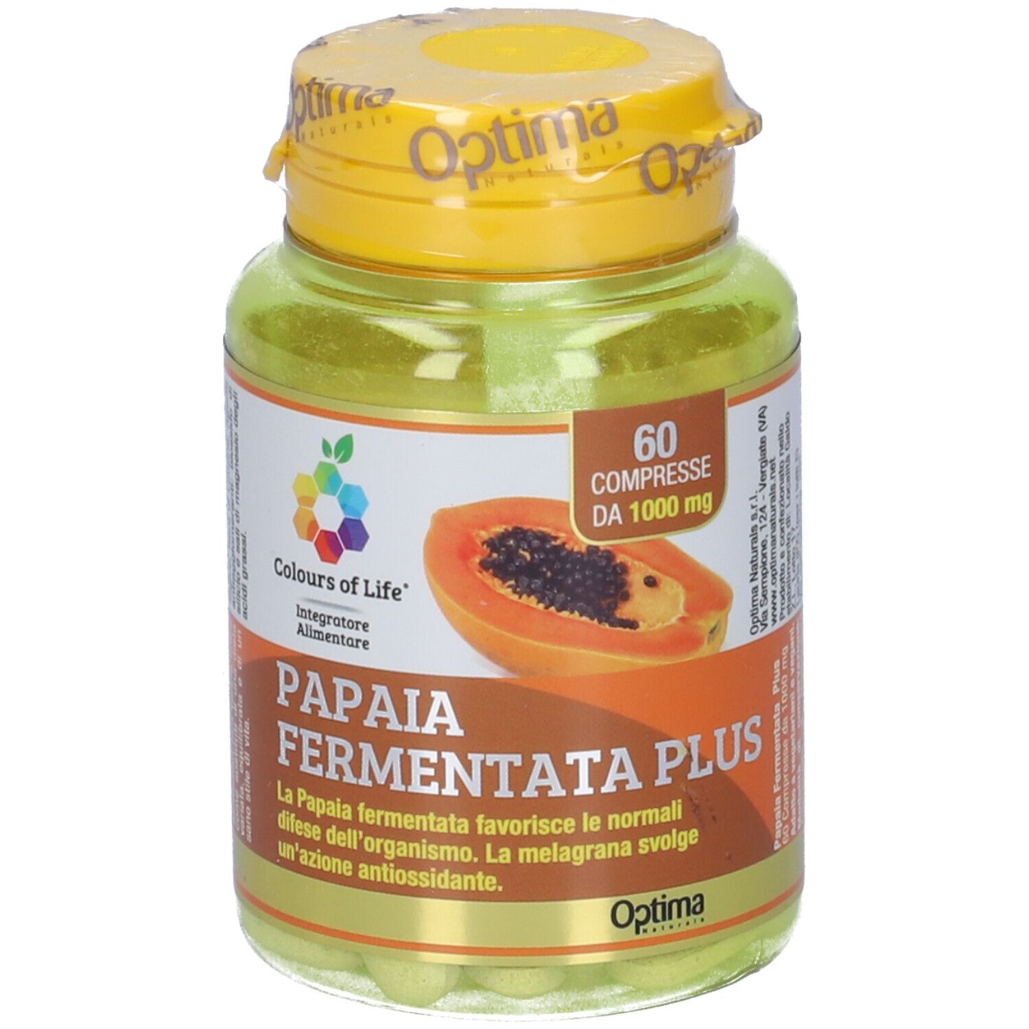 Flacone verde con tappo giallo. Scritta 'PAPAYA FERMENTATA PLUS'.