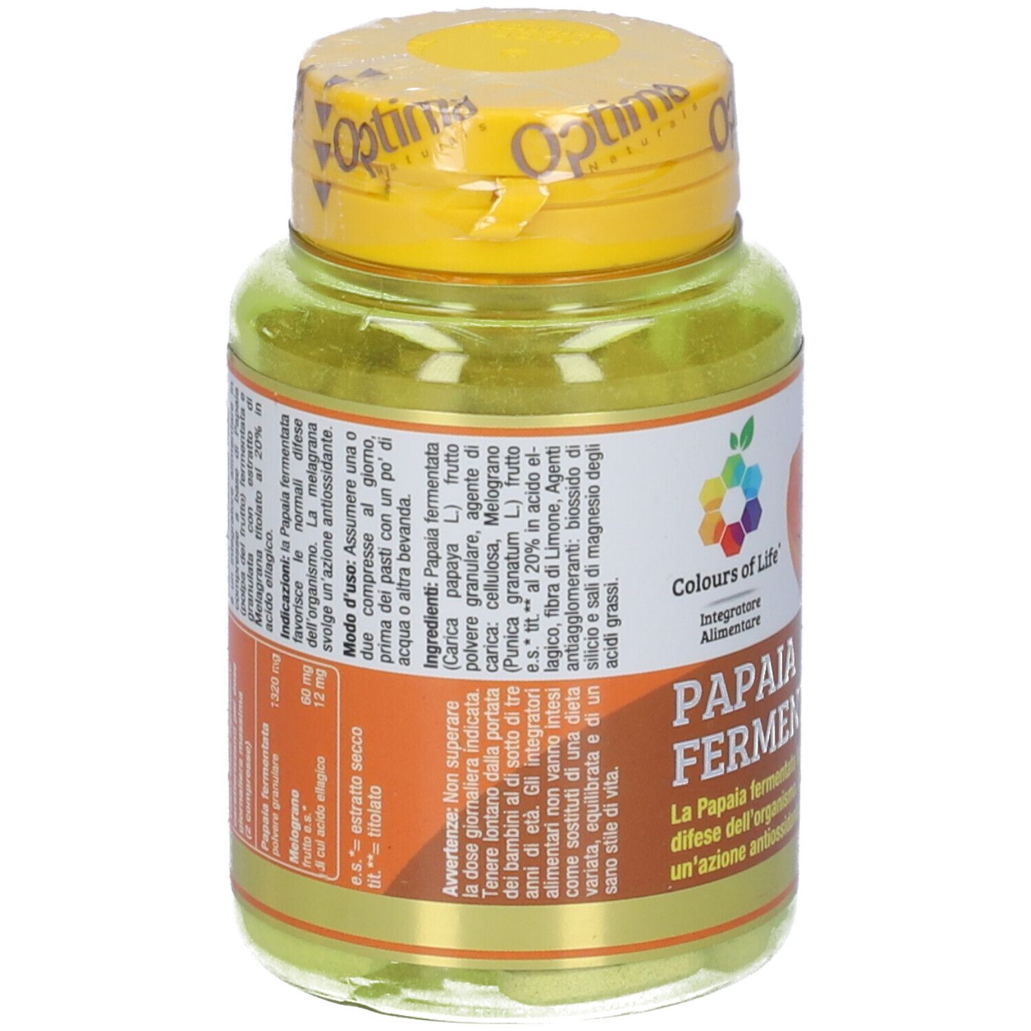 Flacone verde con tappo giallo. Scritta 'PAPAYA FERMENTATA PLUS'. Retro con informazioni.