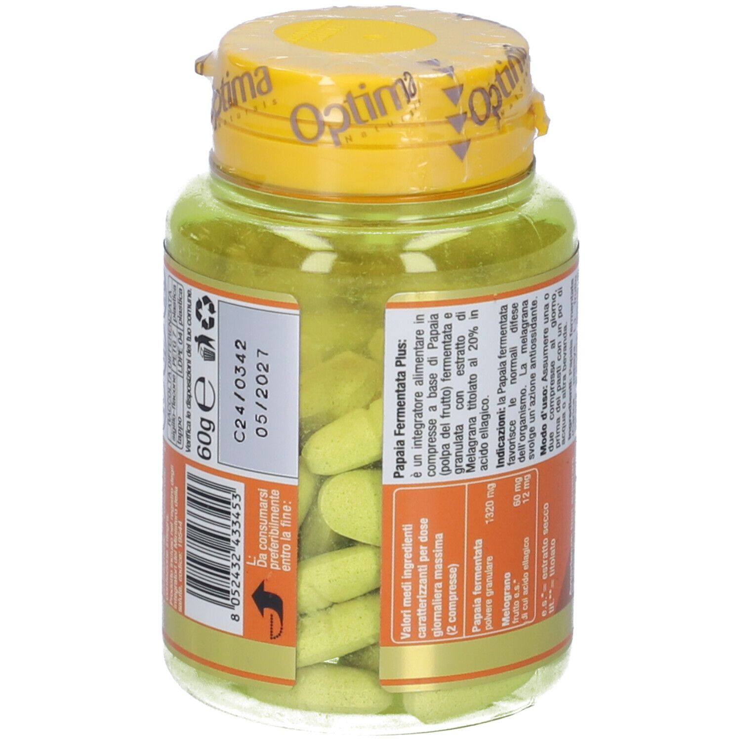 Flacone verde con tappo giallo. Retro con informazioni e data di scadenza.