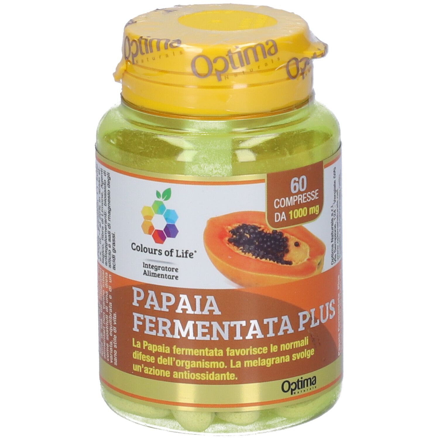 Flacone verde con tappo giallo. Scritta 'PAPAYA FERMENTATA PLUS' e immagine di papaya.