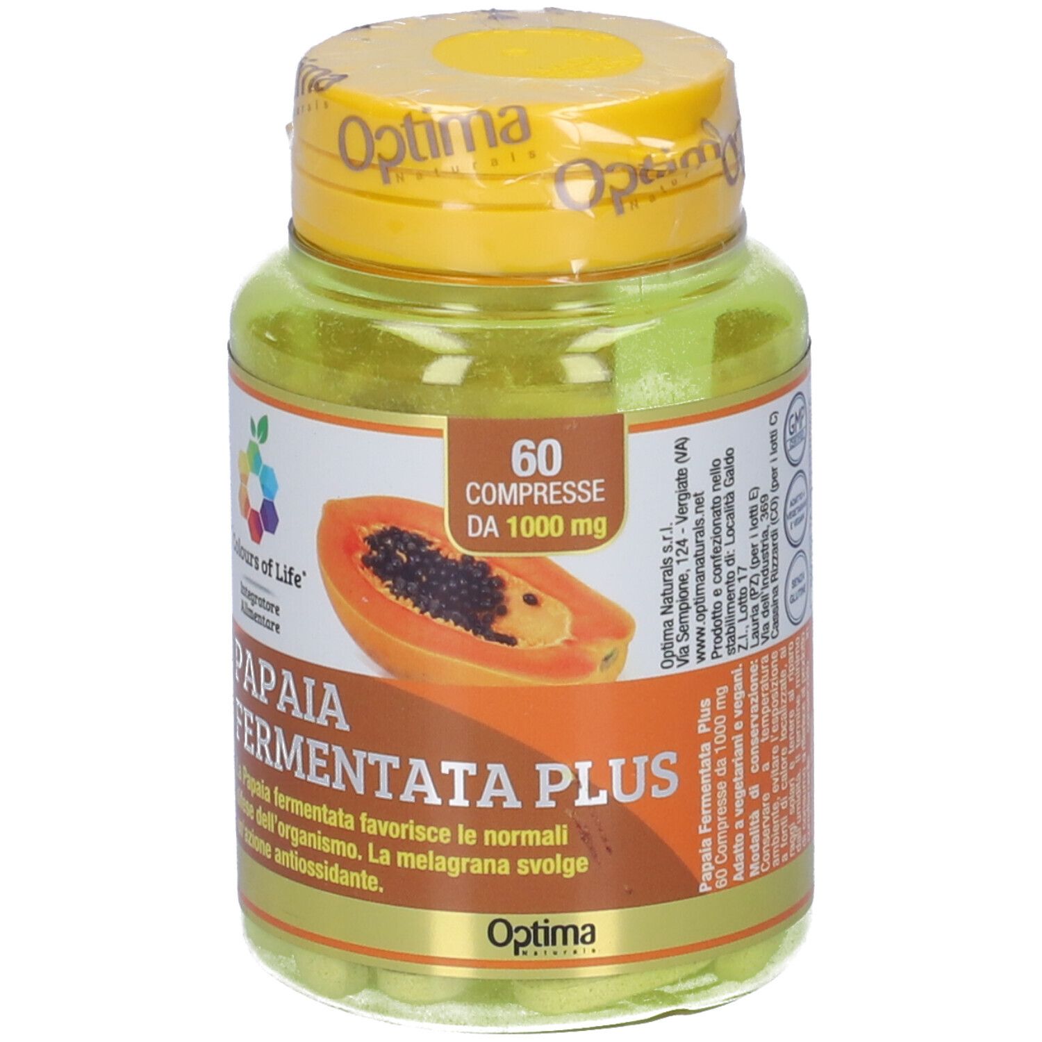 Flacone verde con tappo giallo. Scritta 'PAPAYA FERMENTATA PLUS' e immagine di papaya.