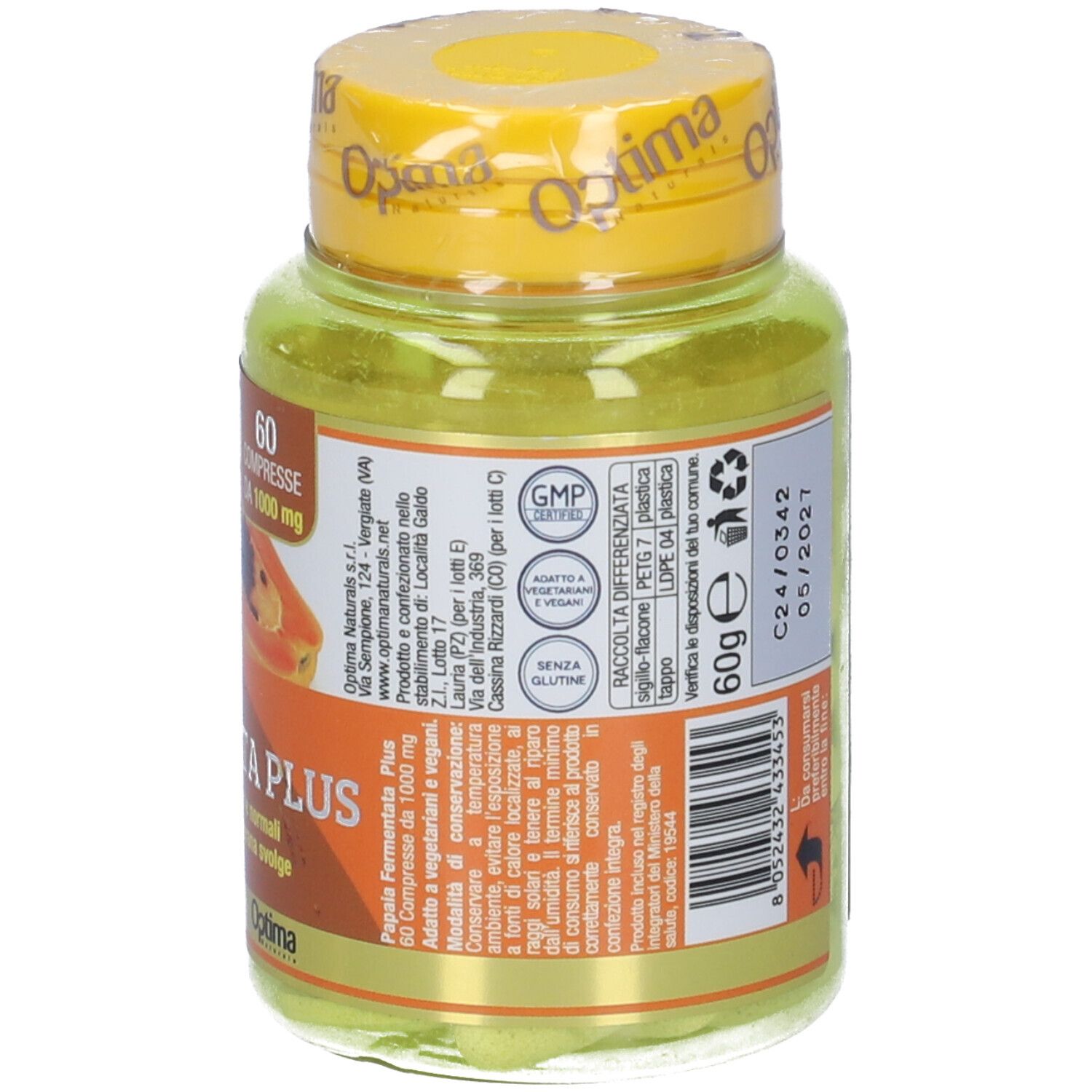 Flacone verde con tappo giallo. Retro con informazioni, certificazioni e data di scadenza.