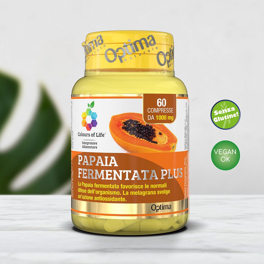 Flacone da 60 compresse di papaya fermentata, 1000 mg. Retro con informazioni sul prodotto.