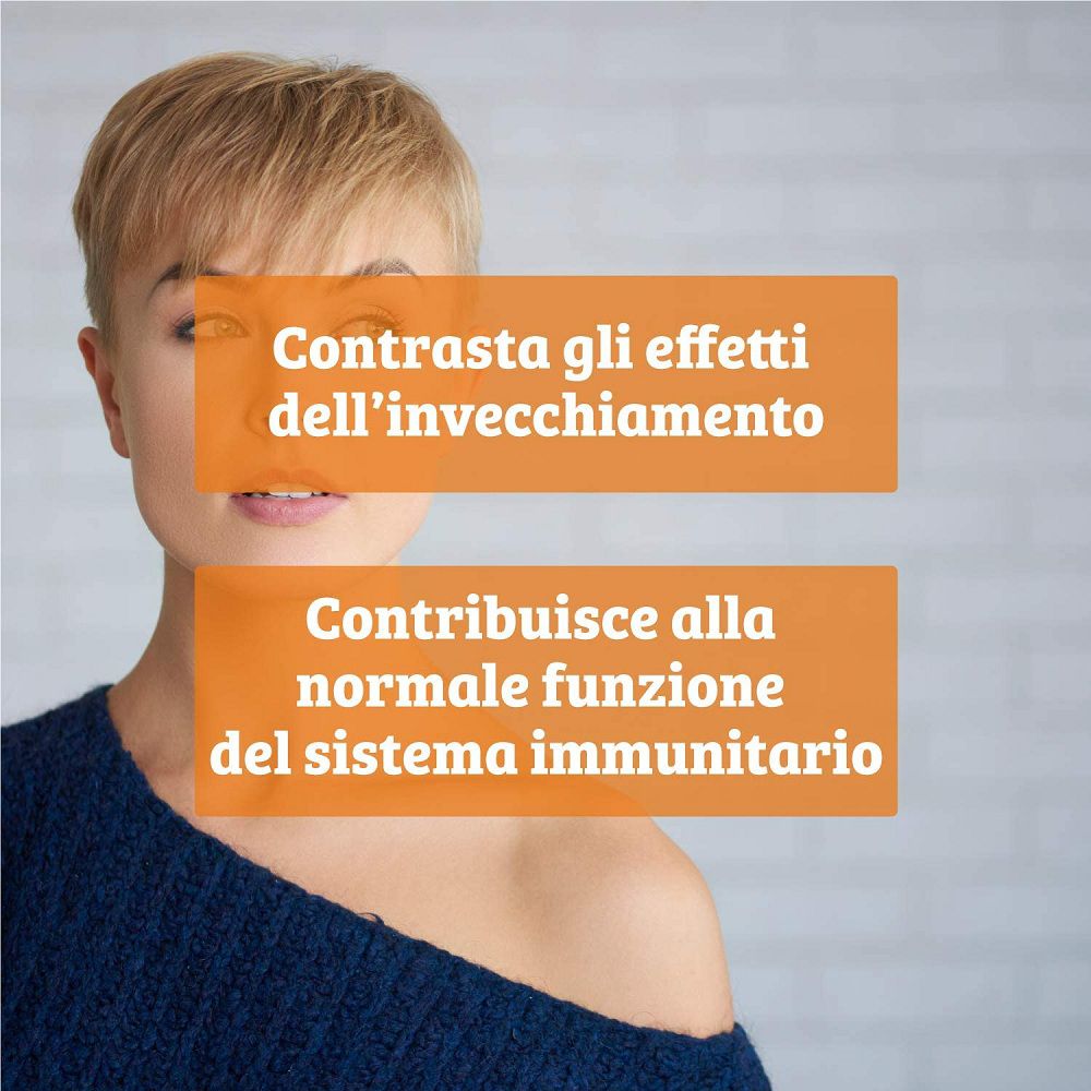 Donna con fumetti su anti-invecchiamento e sistema immunitario.