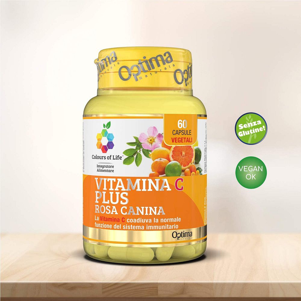 Flacone Vitamina C Plus Rosa Canina, senza glutine e vegano.