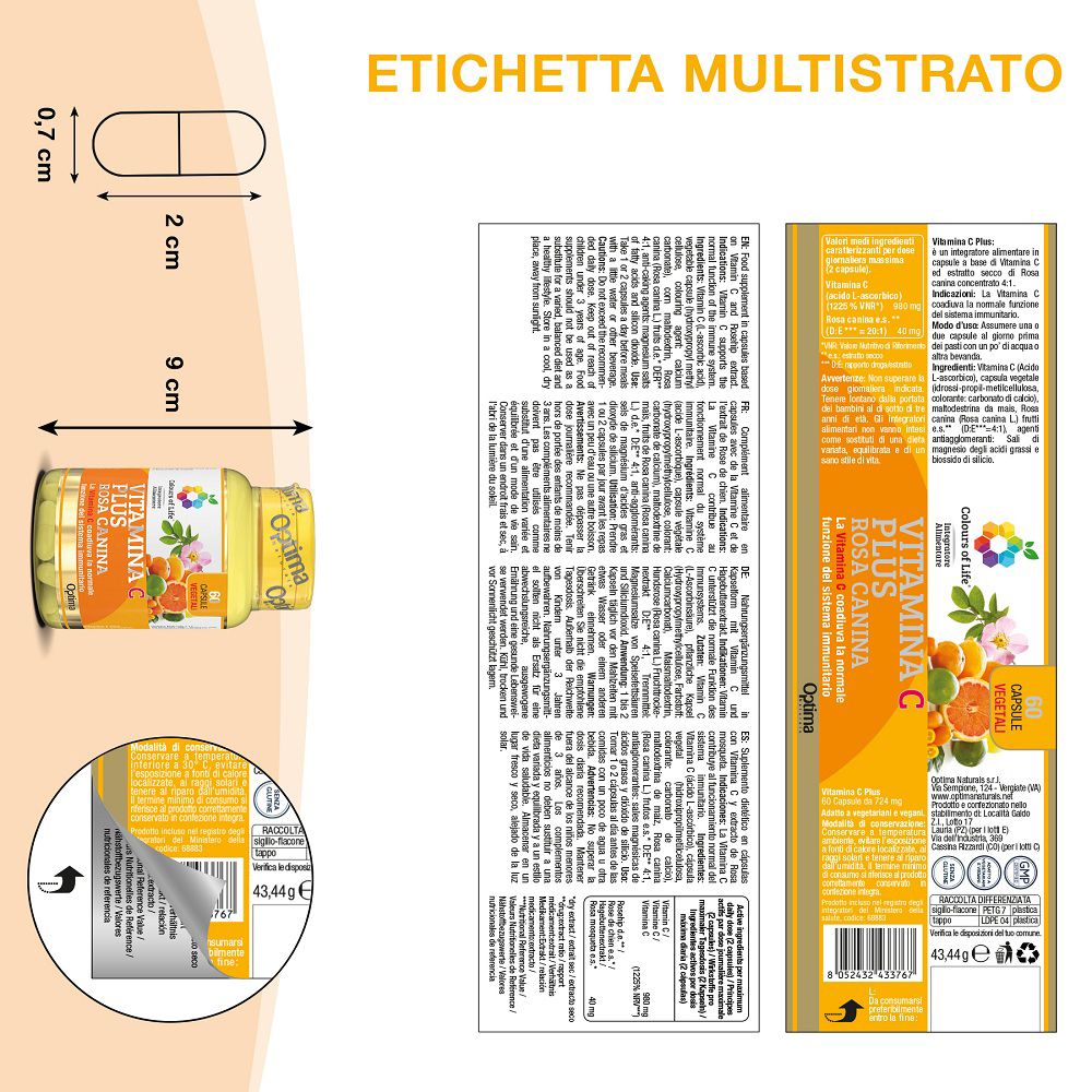 Dimensioni di una capsula e del flacone Vitamina C Plus.