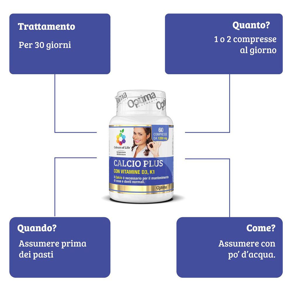 Confezione di Colours of Life Calcio Plus con informazioni sull'assunzione.