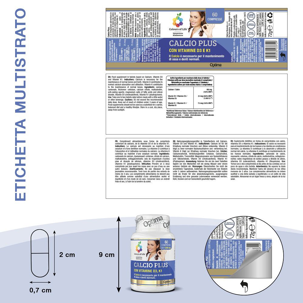 Confezione ed etichetta di Colours of Life Calcio Plus, con dimensioni delle compresse.