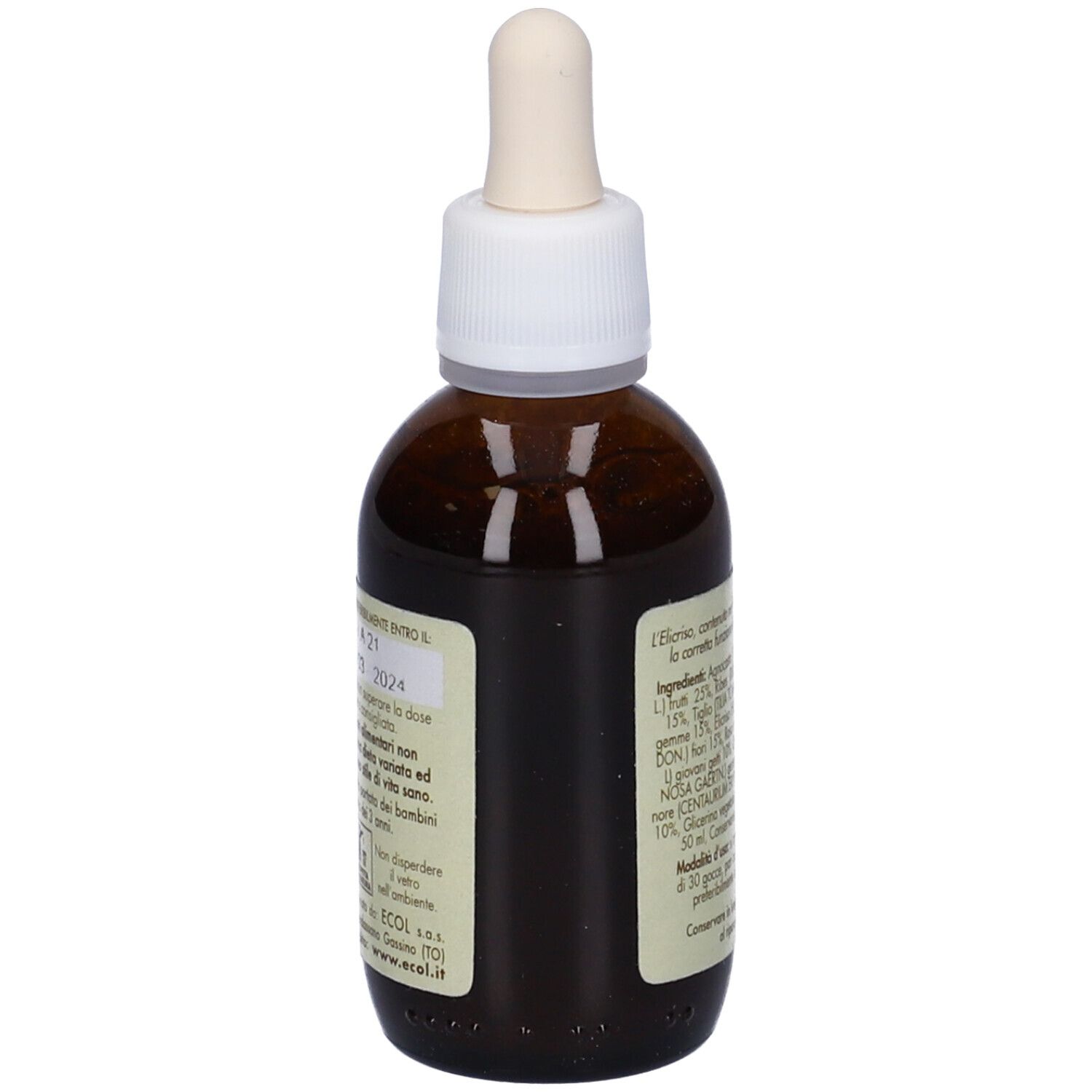 Flacone di vetro marrone con tappo bianco e contagocce. Etichetta con testo e ingredienti. Nome prodotto: Cefaxgem.