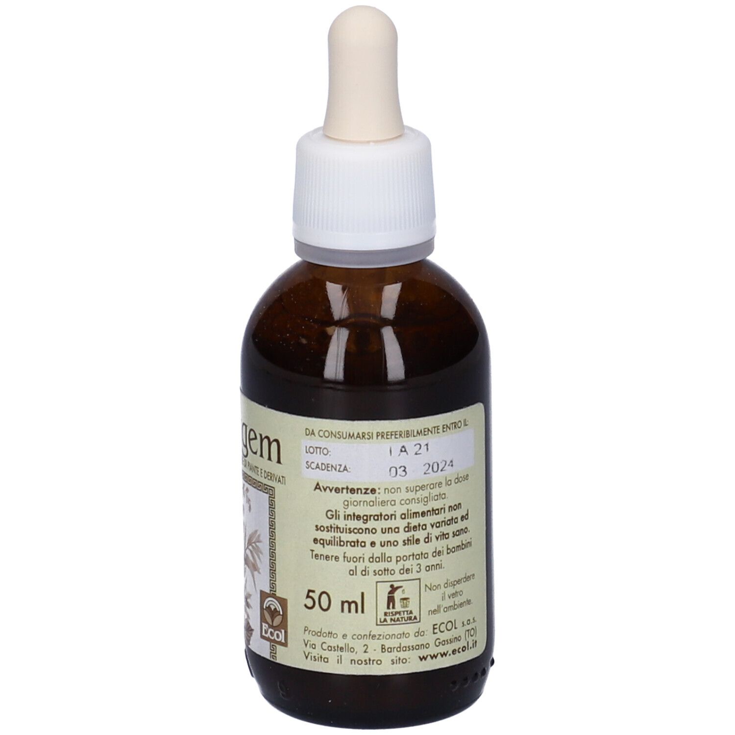 Flacone di vetro marrone con tappo bianco e contagocce. Etichetta con testo e data di scadenza. Nome prodotto: Cefaxgem.