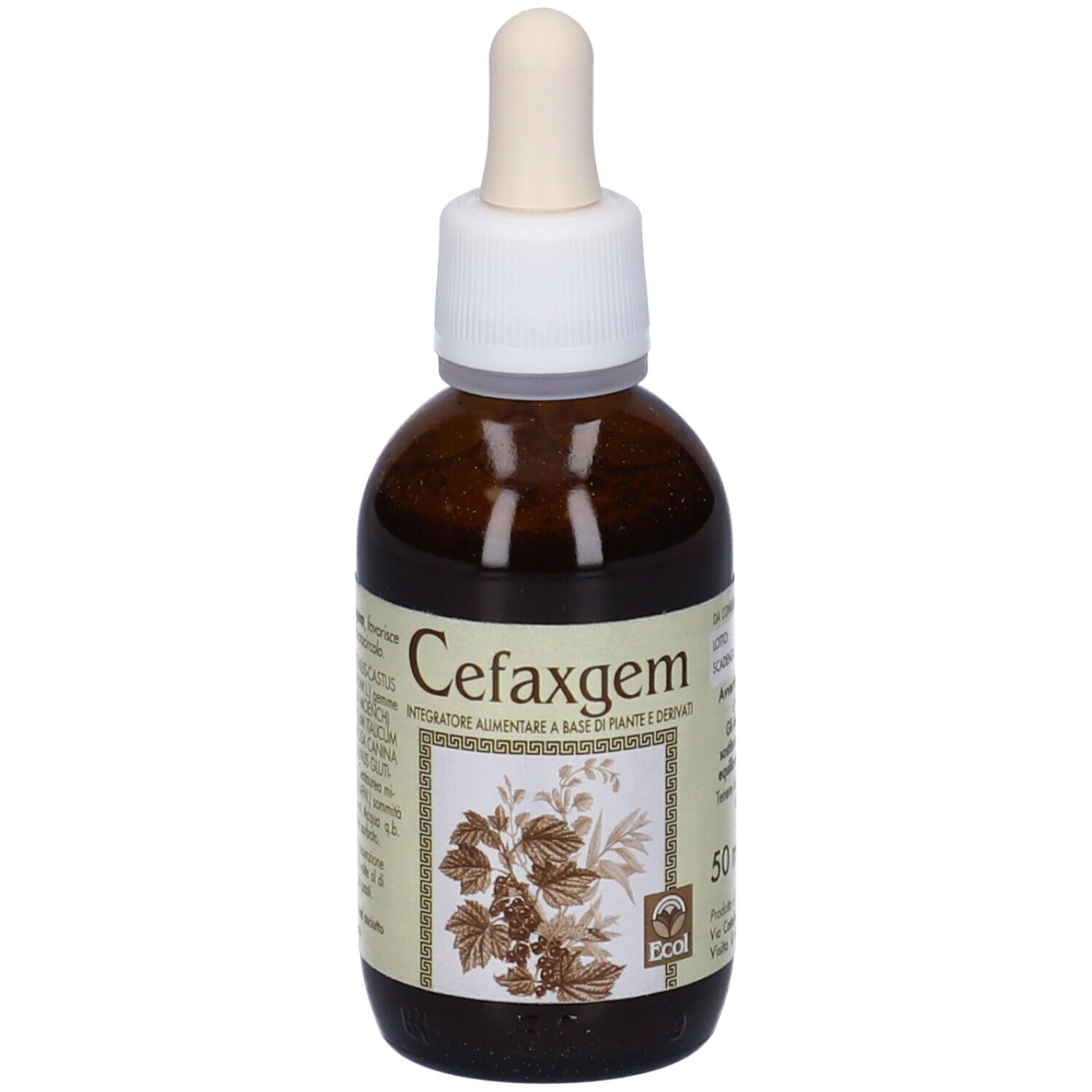 Flacone di vetro marrone con tappo bianco e contagocce. Etichetta con nome del prodotto e testo. Nome prodotto: Cefaxgem.