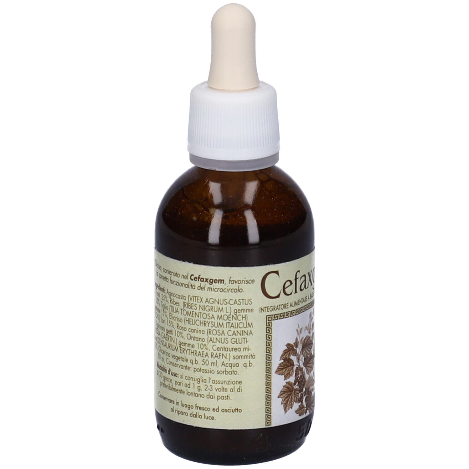 Flacone di vetro marrone con tappo bianco e contagocce. Etichetta con nome del prodotto e testo. Nome prodotto: Cefaxgem.