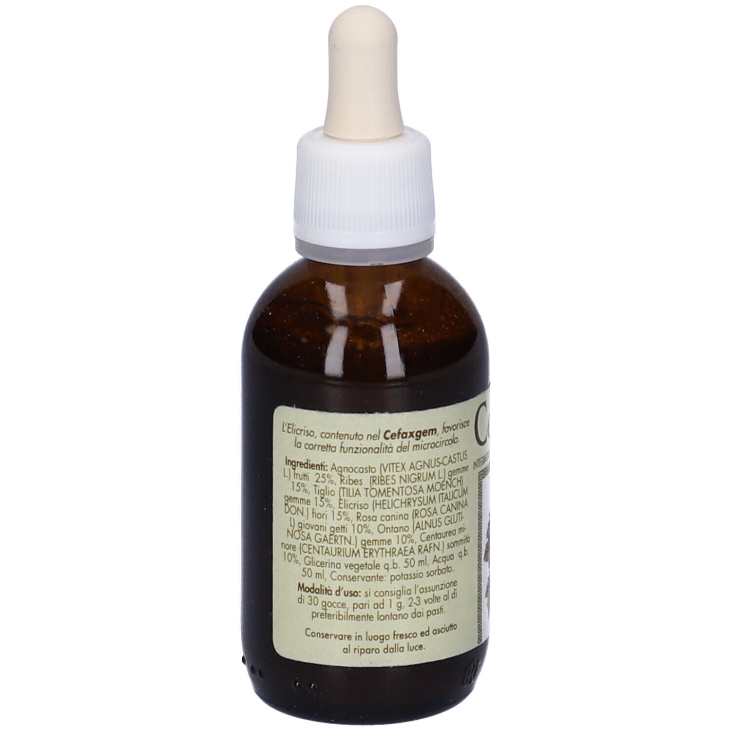 Flacone di vetro marrone con tappo bianco e contagocce. Etichetta con nome del prodotto e testo. Nome prodotto: Cefaxgem.