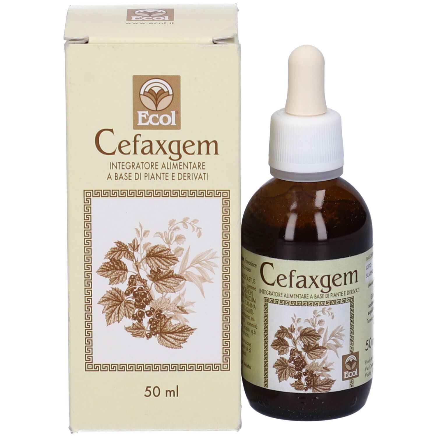Prodotto Cefaxgem e confezione. Flacone marrone con contagocce e scatola. Scritta: Cefaxgem, 50 ml.
