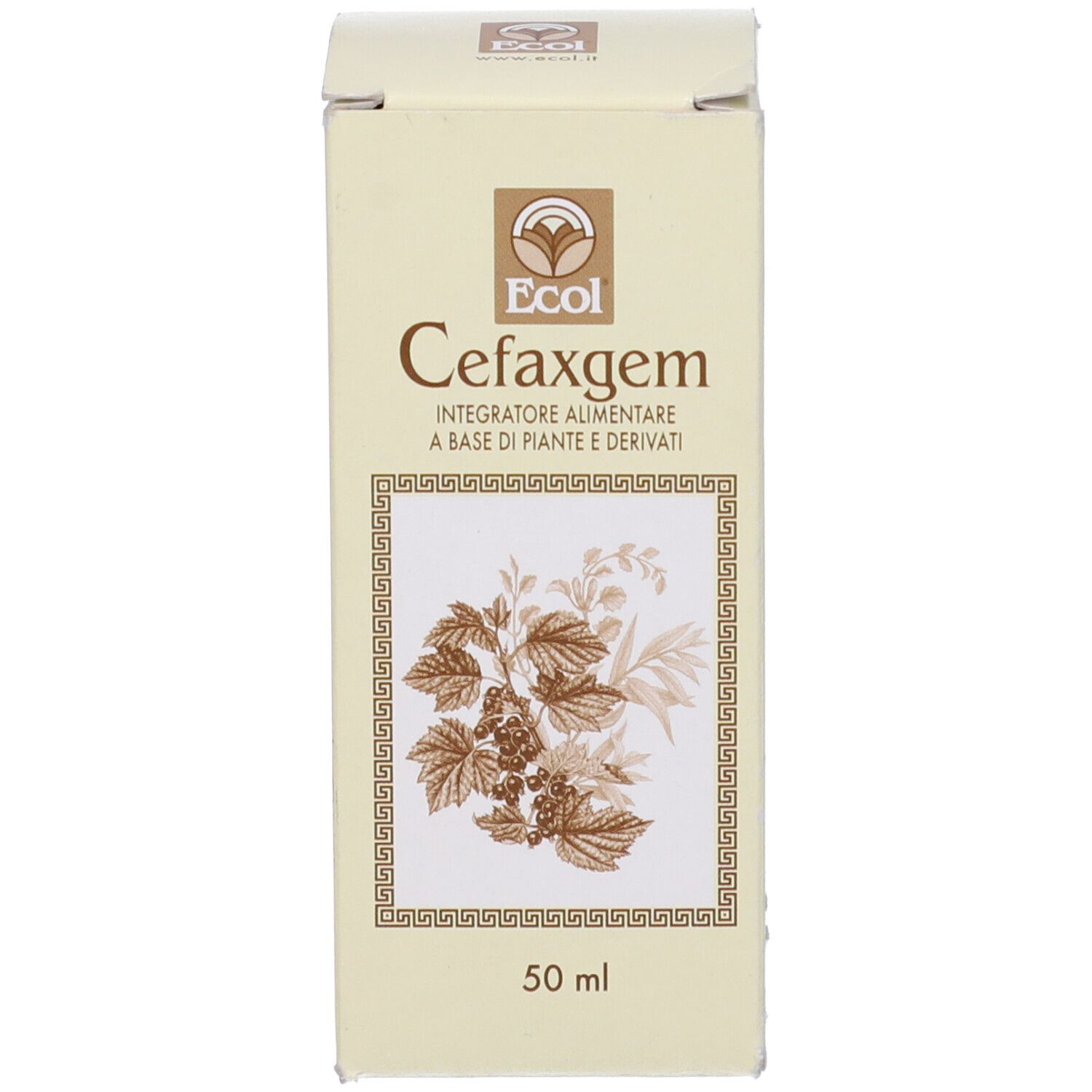 Confezione in cartone per Cefaxgem. Scritta: Cefaxgem, 50 ml. Logo Ecol. Illustrazione di foglie e bacche.