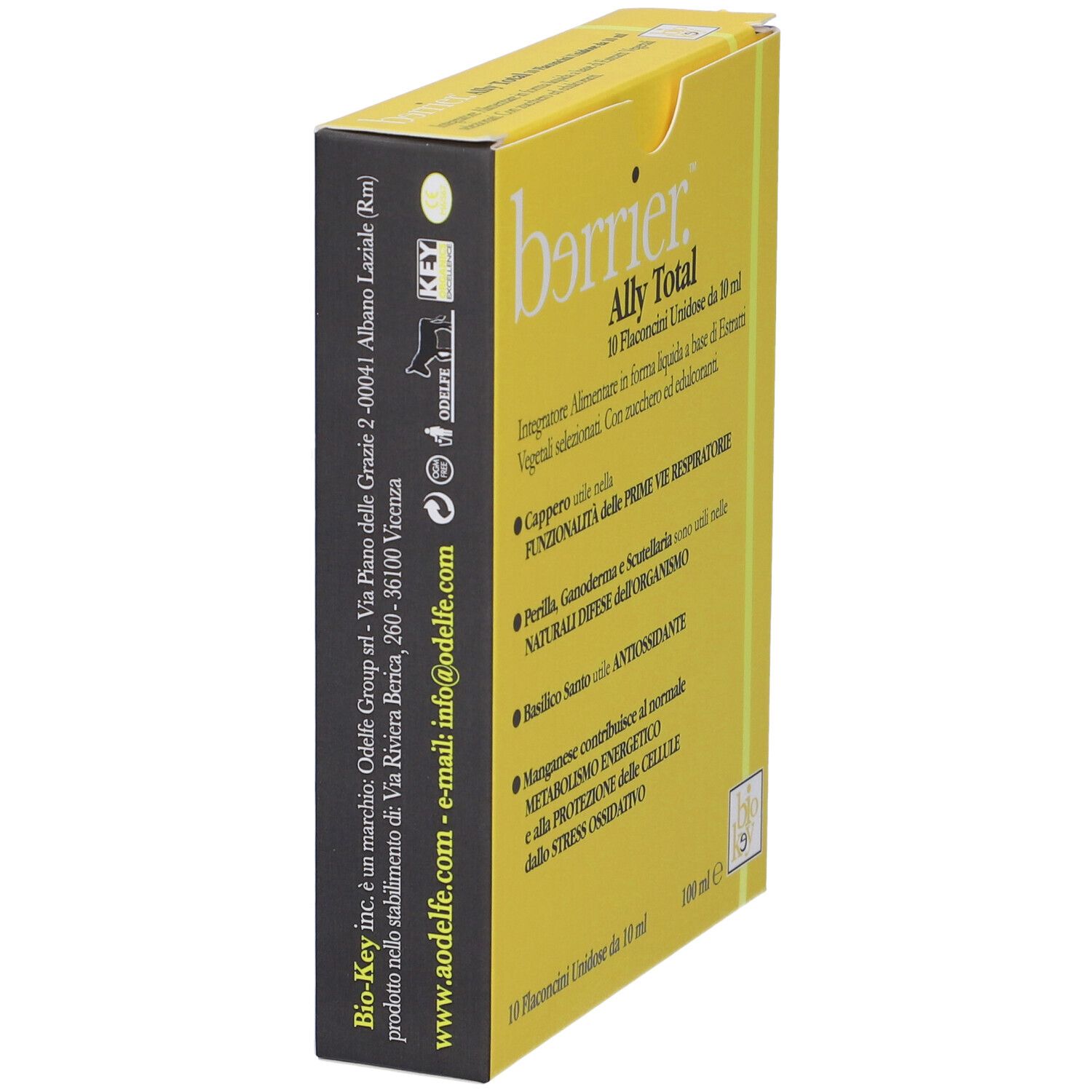 Scatola gialla, vista laterale. Nome e testo del prodotto visibili. Certificazione Bio.