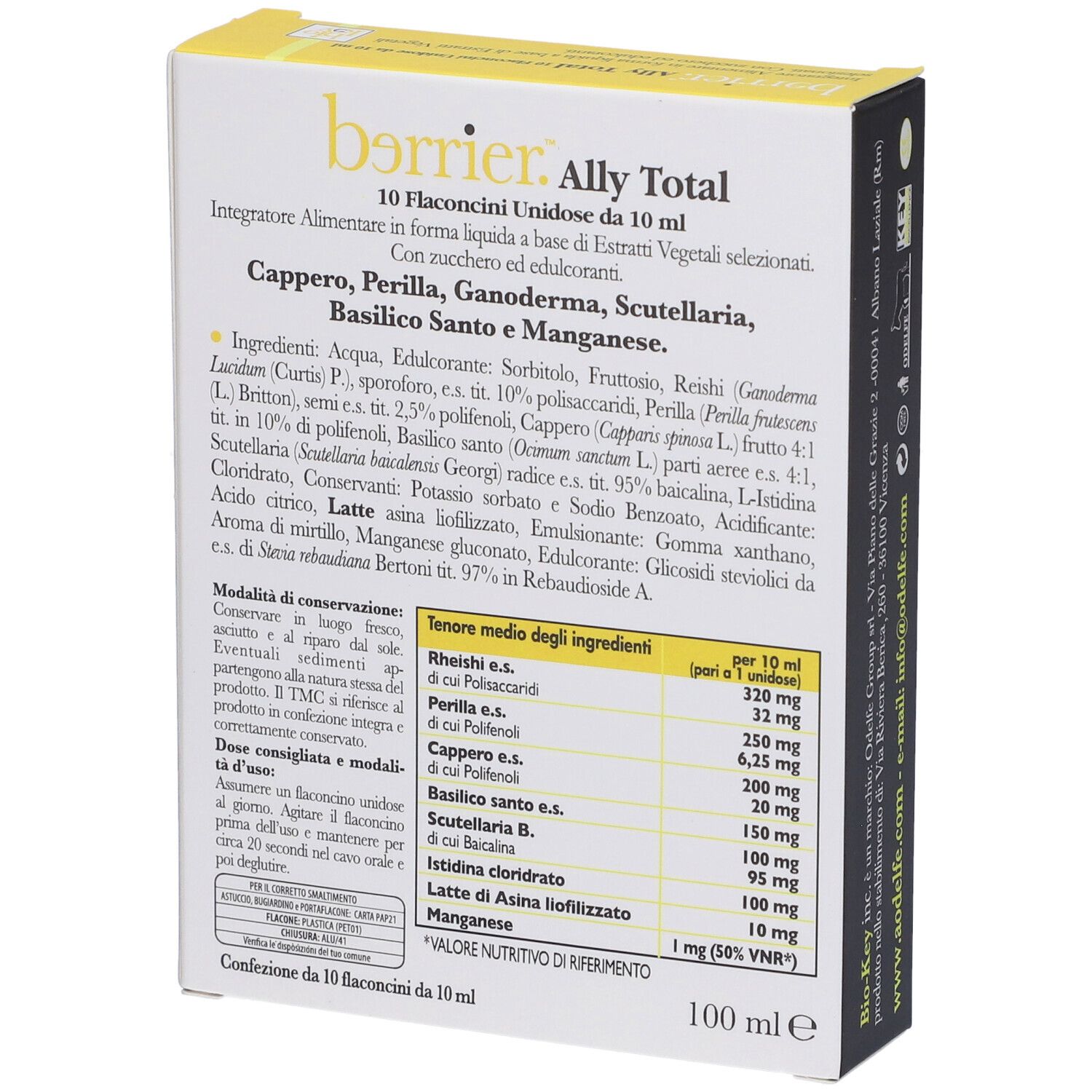 Retro della scatola gialla. Nome del prodotto e ingredienti in testo. 100 ml.