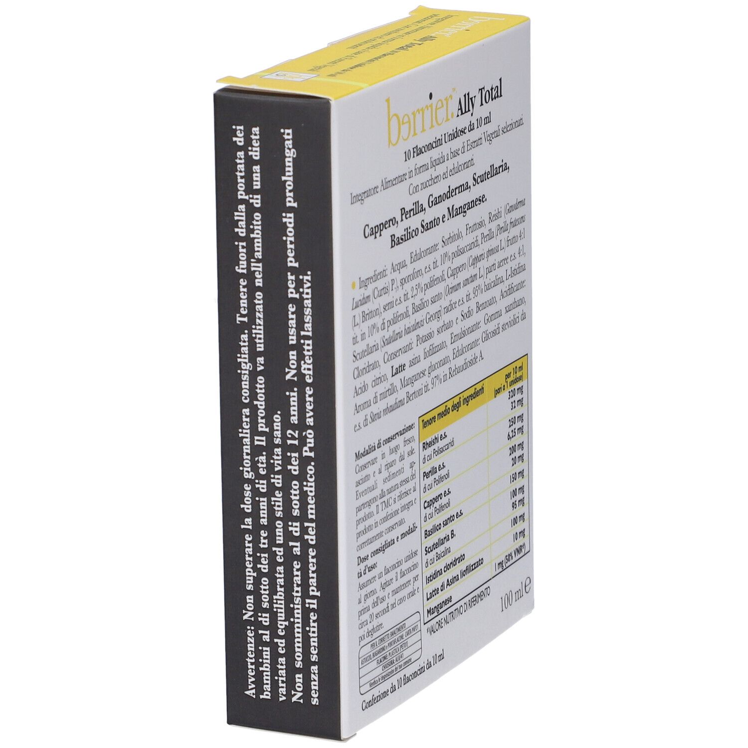Vista laterale della scatola gialla. Nome del prodotto e testo. Avvertenze e ingredienti.