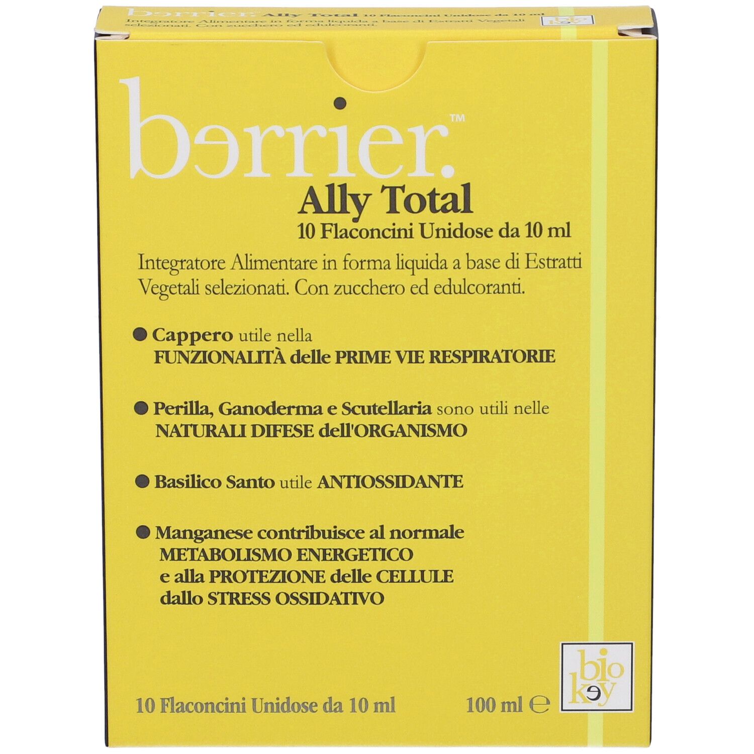Scatola gialla con nome e testo del prodotto. Contiene 10 flaconcini. Certificazione Bio.
