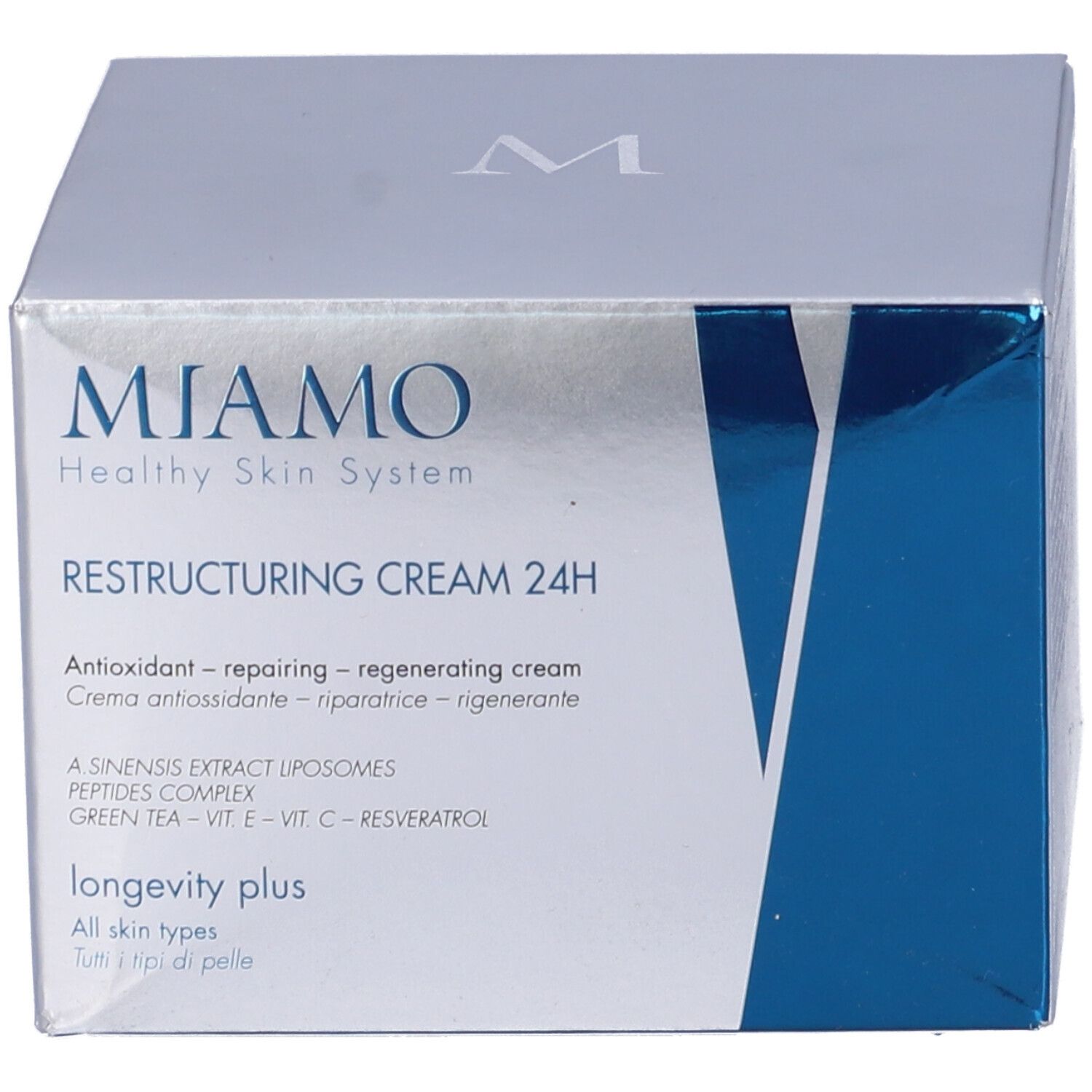 Scatola con scritta: Miamo Healthy Skin System. Restructuring Cream 24H. Testo: Antioxidant - repairing - regenerating cream.