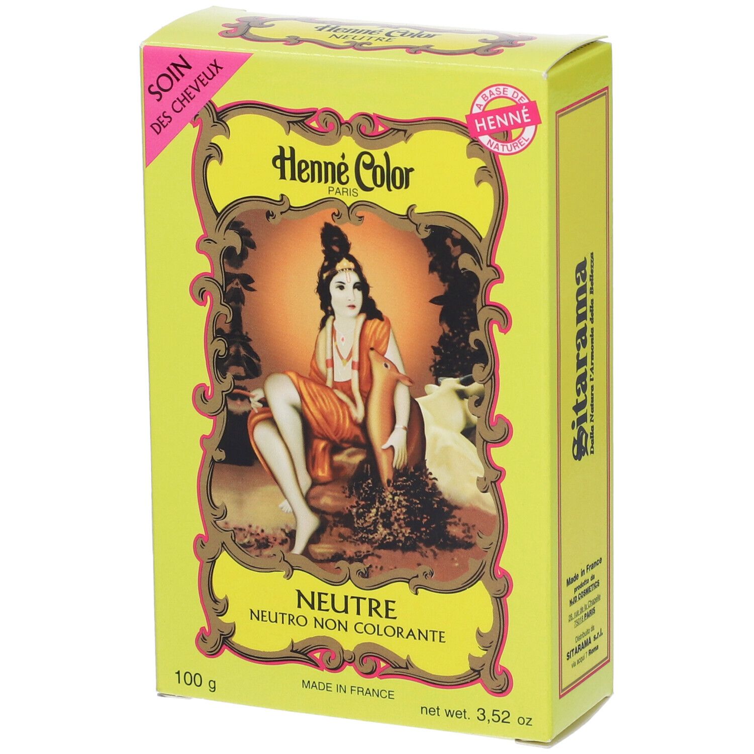 Scatola gialla Henne Color. Scritto: Neutre, 100 g, illustrazione di donna. Prodotto in Francia.