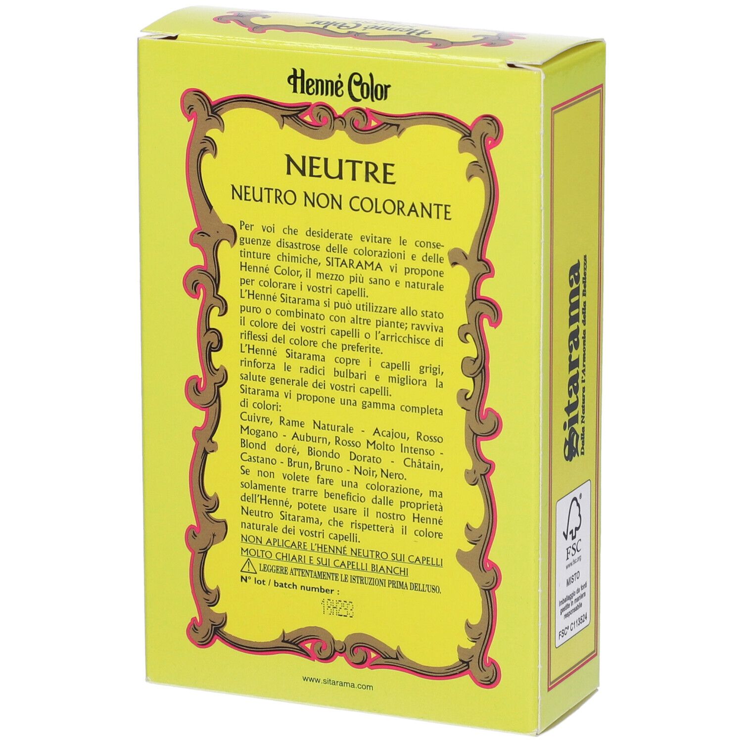 Scatola gialla Henne Color. Scritto: Neutre, testo. Logo FSC. Prodotto in Francia.
